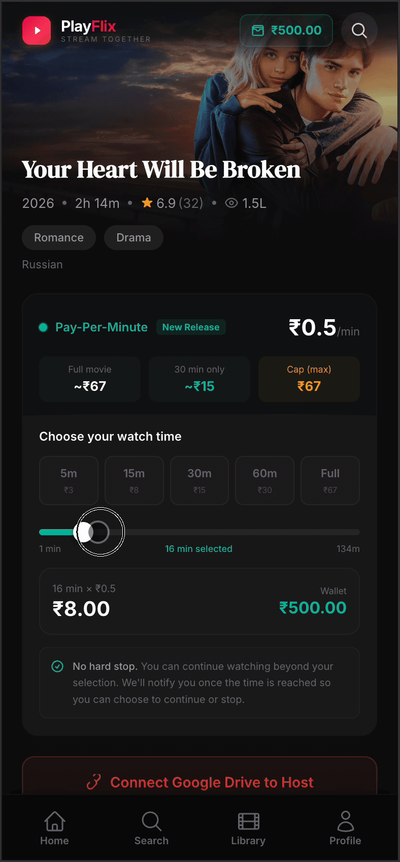 PlayFlix PPM billing — movie detail with pay-per-minute slider, cost preview, and Connect Google Drive to Host