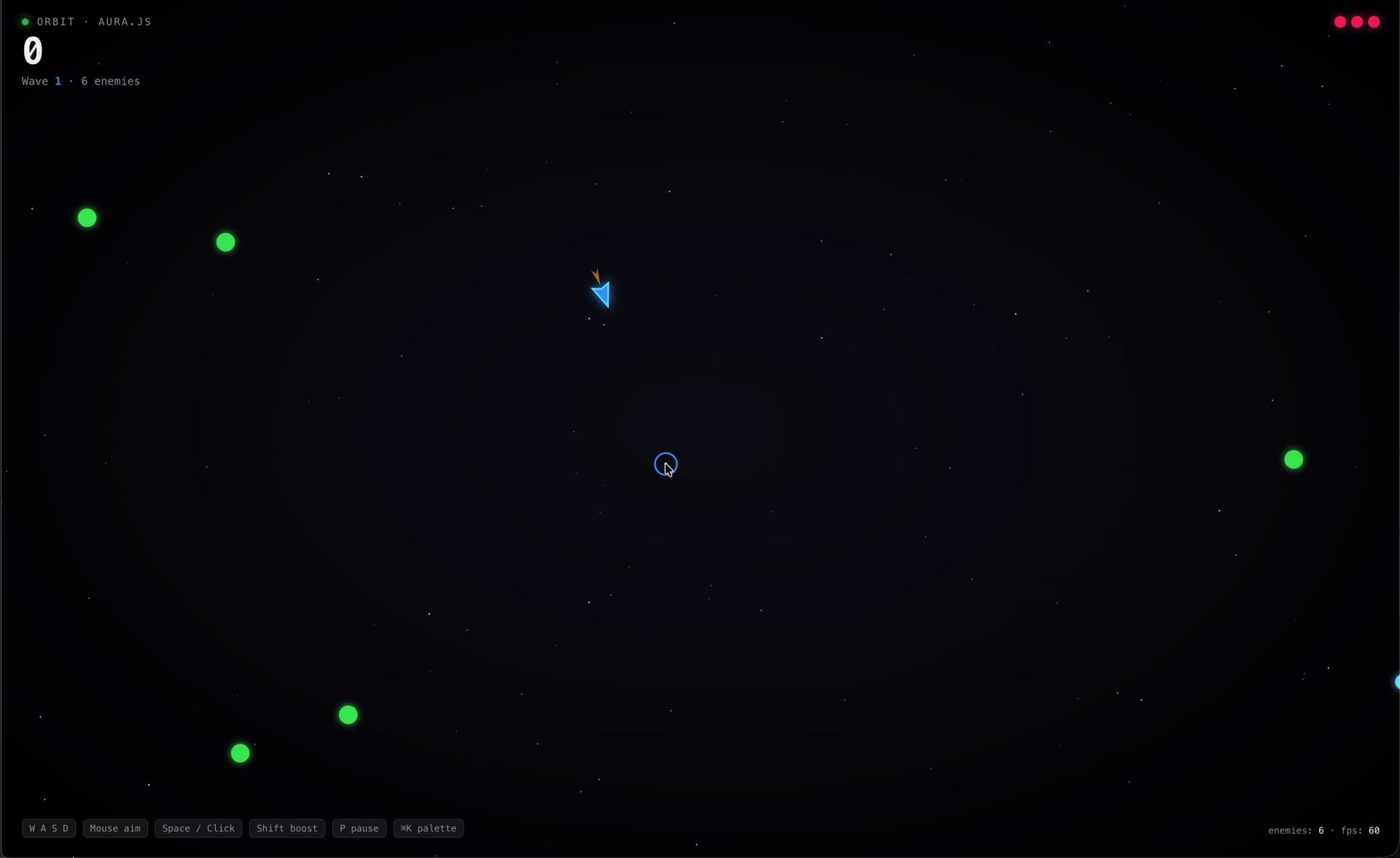 ORBIT gameplay — Wave 1 with 6 enemies, player ship thrusting with orange flame, green enemy orbs approaching, mousepad.js aim cursor, keyboard.js controls (W A S D / Mouse aim / Space fire / Shift boost / P pause / ⌘K palette), 60 FPS
