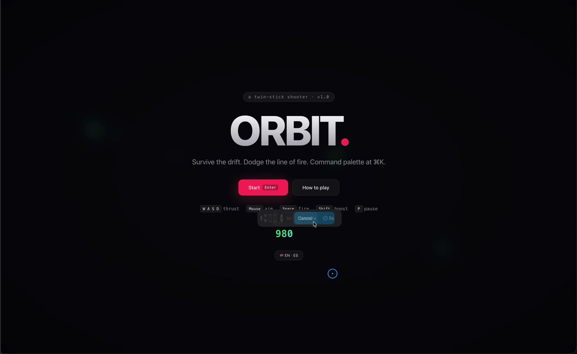 ORBIT command palette — ⌘K opens a keyboard.js scoped command palette with actions and a 5s cancel timer, demonstrating library composition mid-game