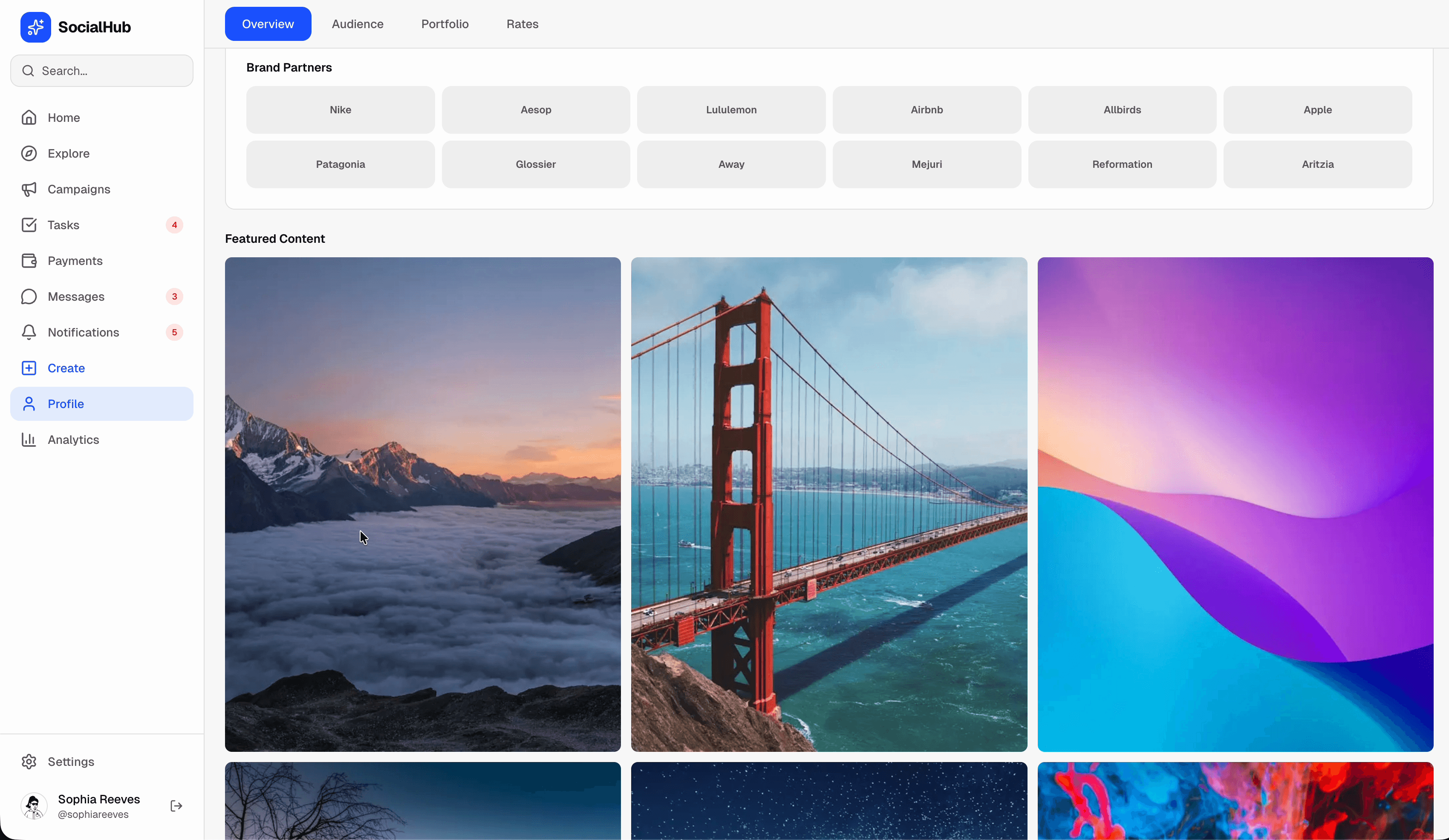 SocialHub profile — brand partners (Nike, Aesop, Lululemon, Apple) and featured content portfolio