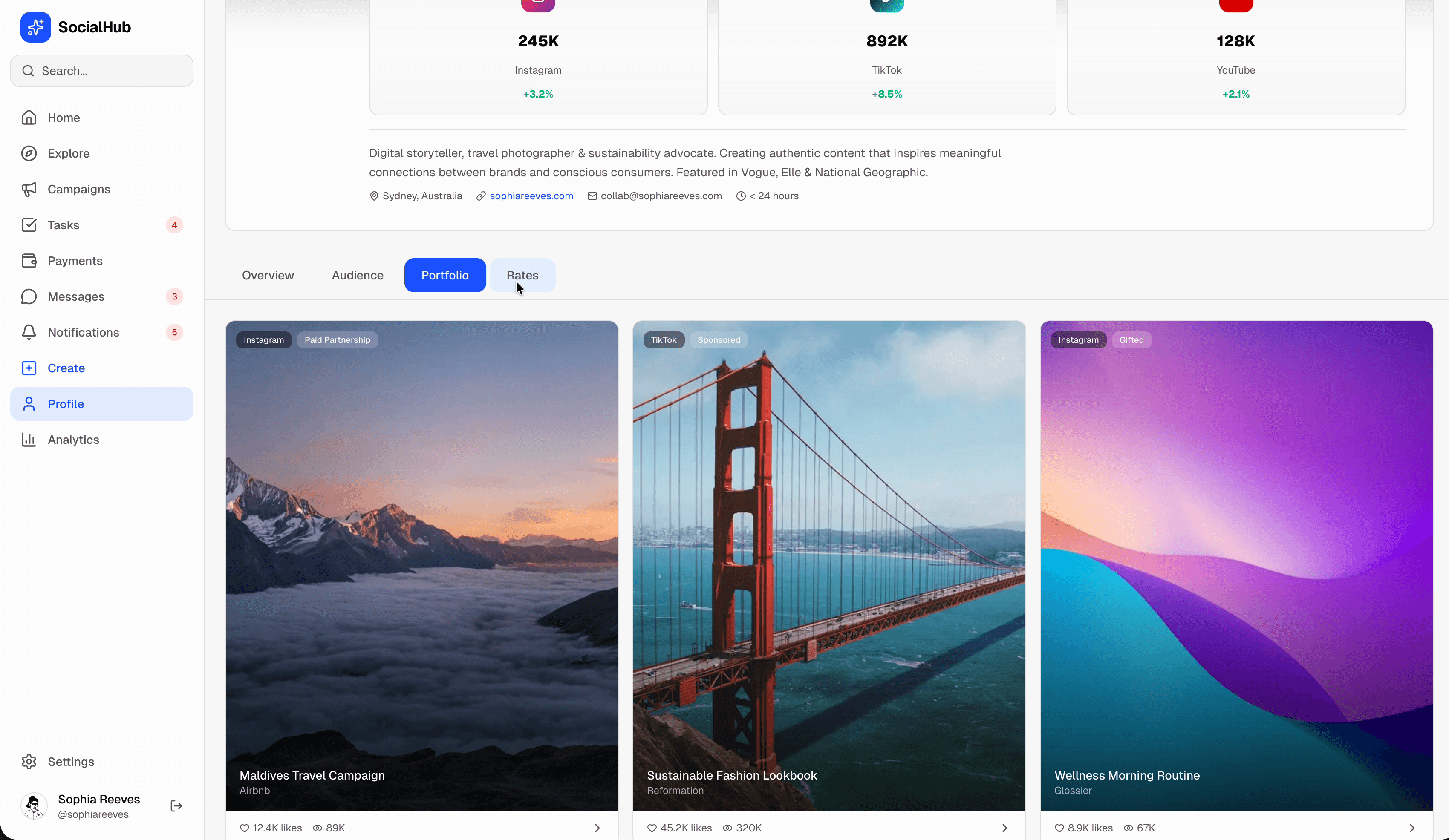 SocialHub portfolio — Maldives Travel, Sustainable Fashion, Wellness content with engagement metrics