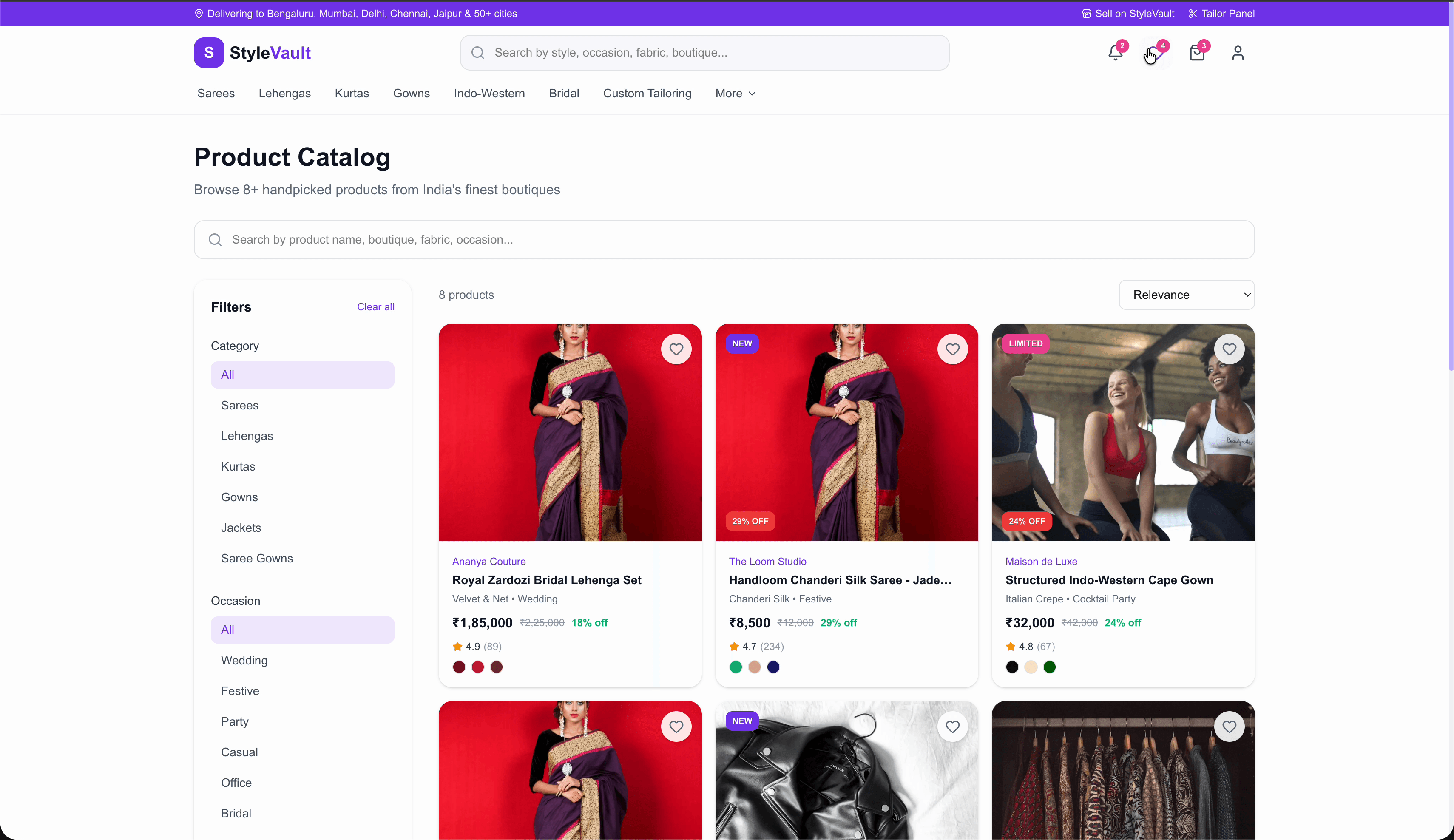 StyleVault catalog filters — deep filtering by category, occasion, fabric type, and price range