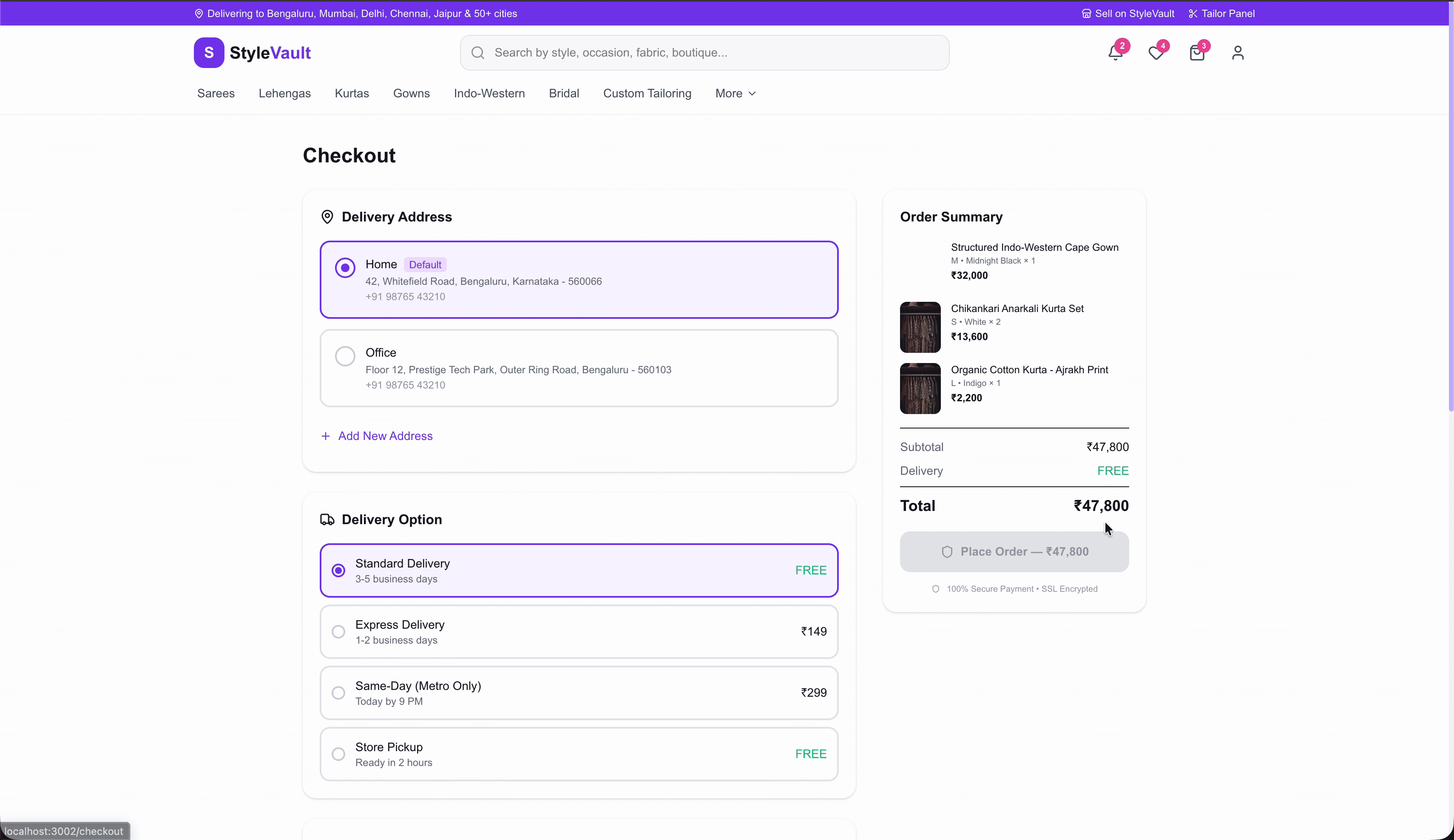 StyleVault checkout — delivery address, order summary, and four delivery options
