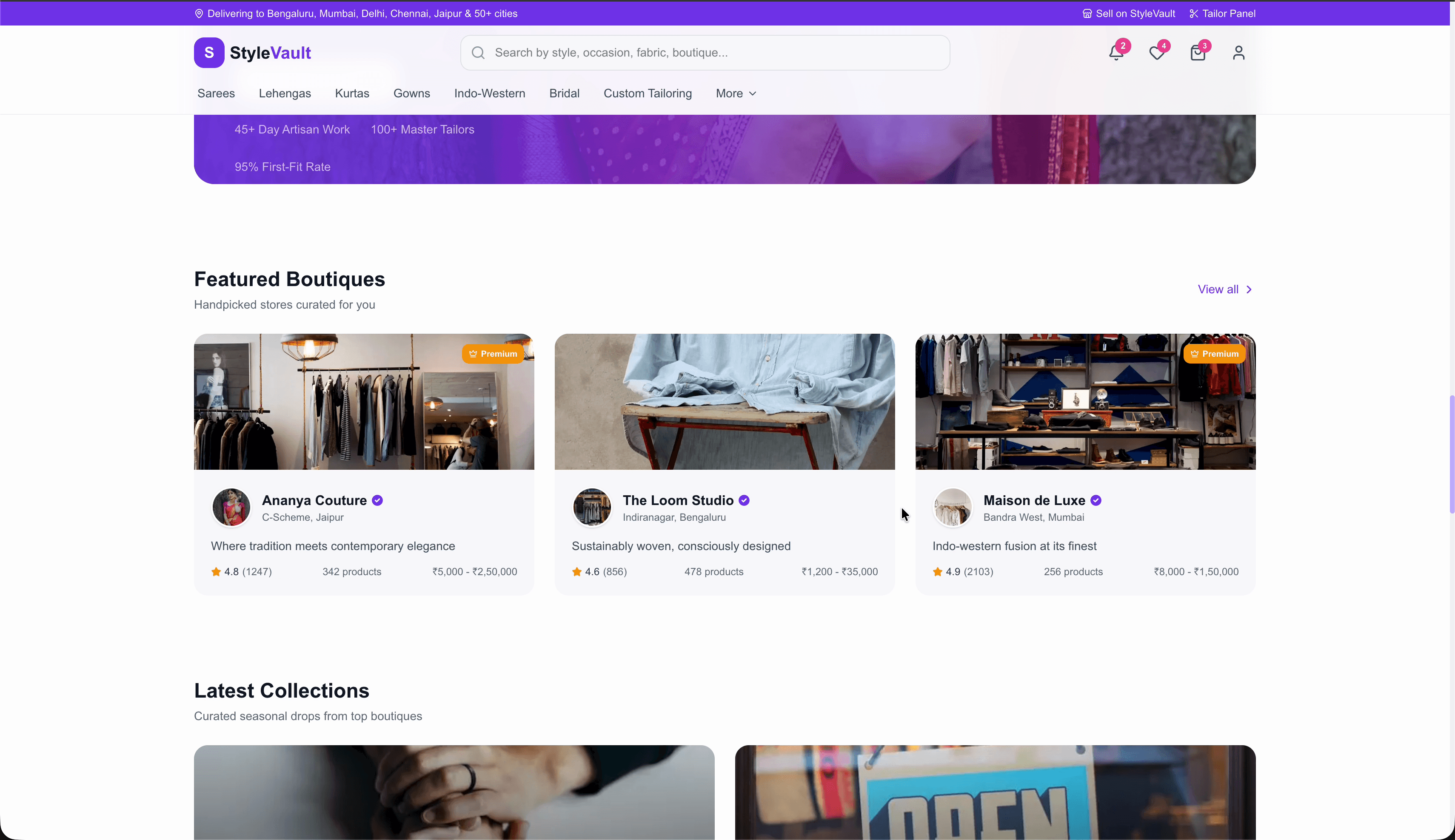 StyleVault featured boutiques — curated stores with ratings, product counts, and price ranges
