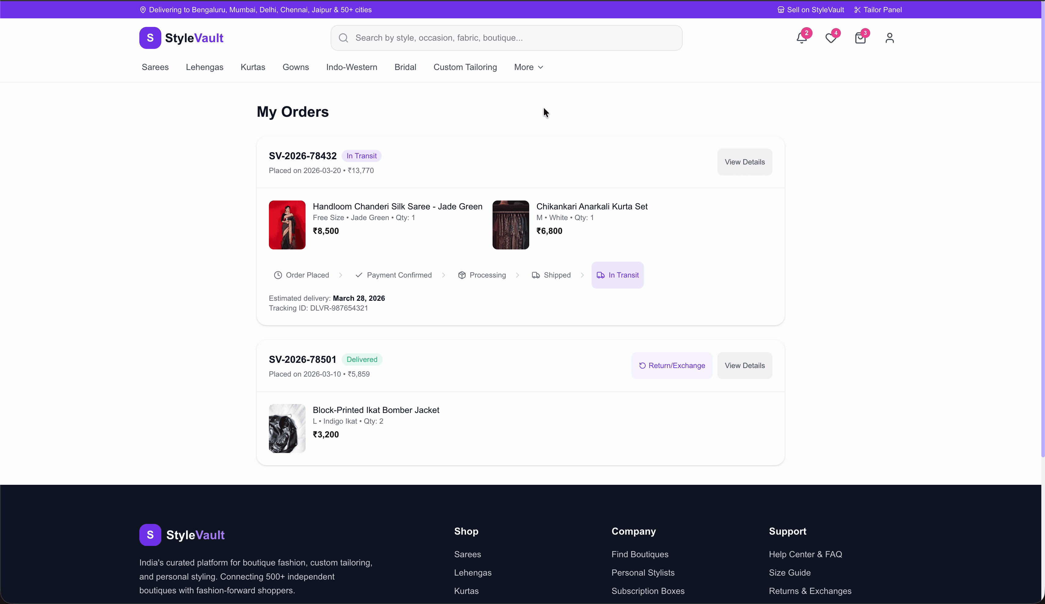 StyleVault order tracking — status timeline from placed to delivered with tracking details