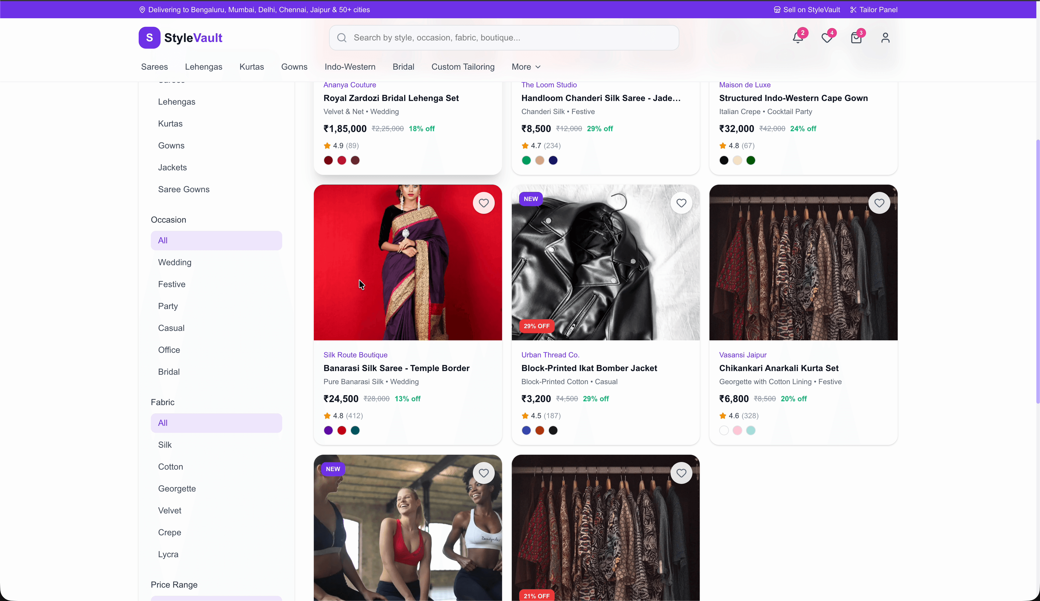 StyleVault product catalog — sarees, lehengas, gowns with category, occasion, and fabric filters