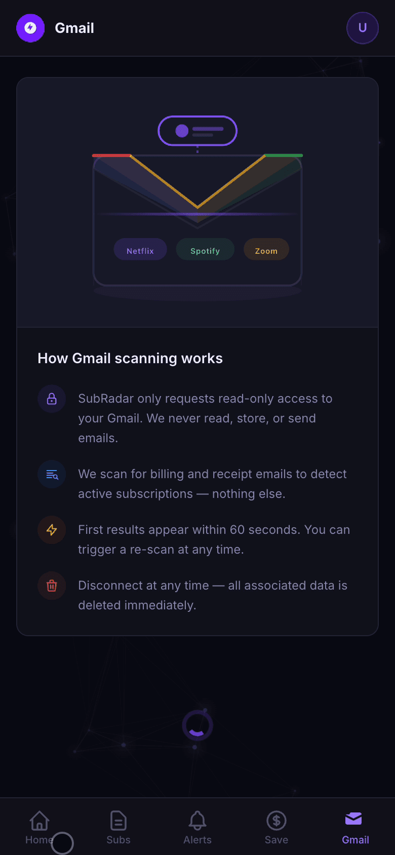 SubRadar Gmail scanning — How Gmail scanning works: read-only access, billing email detection, results in 60s, disconnect anytime