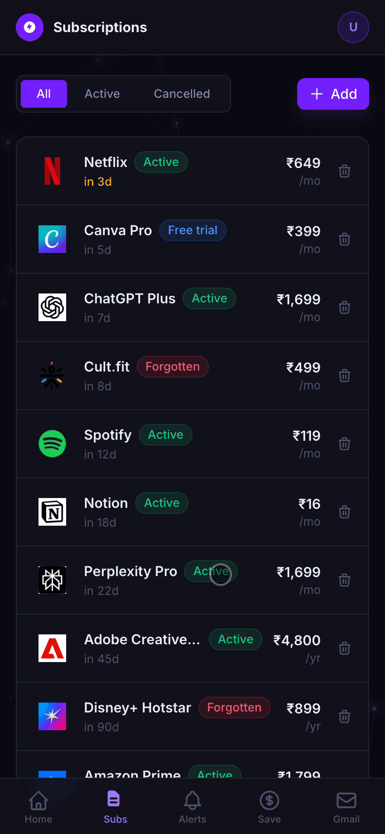 SubRadar subscriptions list — Netflix, Canva Pro (Free trial), ChatGPT Plus, Cult.fit (Forgotten), Spotify, Notion with status badges and prices