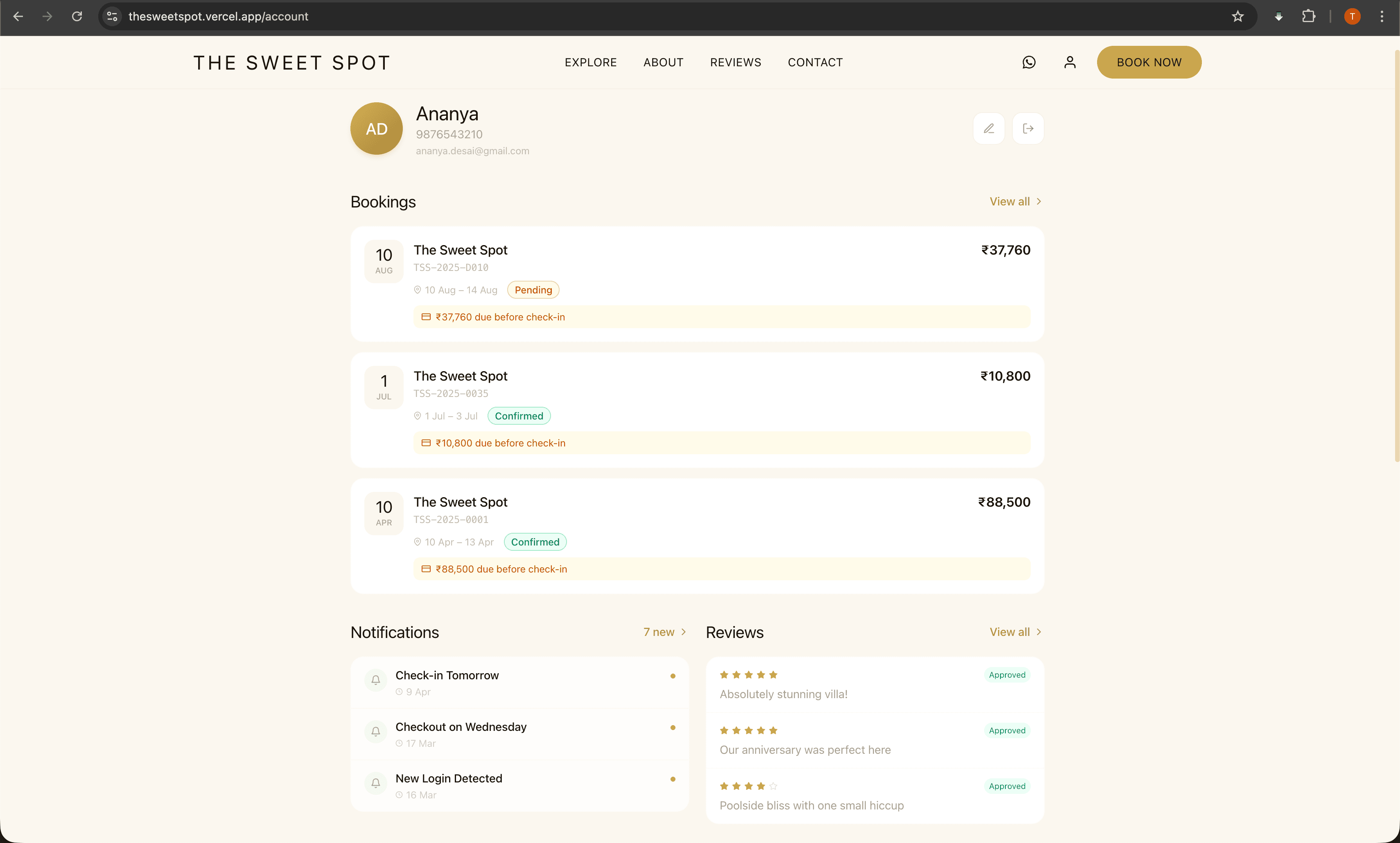Guest account dashboard showing profile, booking history, and notification preferences