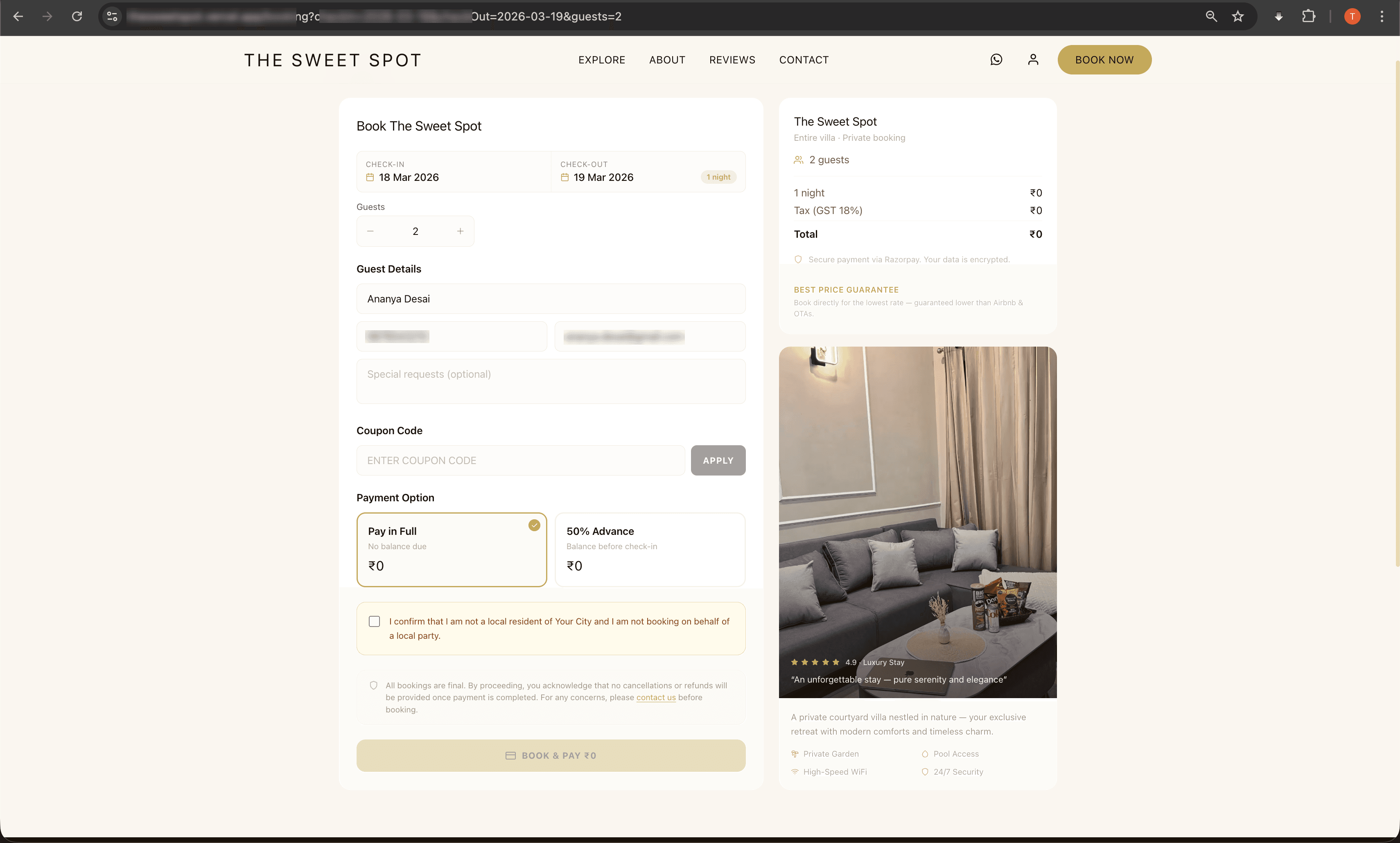 Checkout page with room summary, guest details, coupon input, and Razorpay payment on desktop