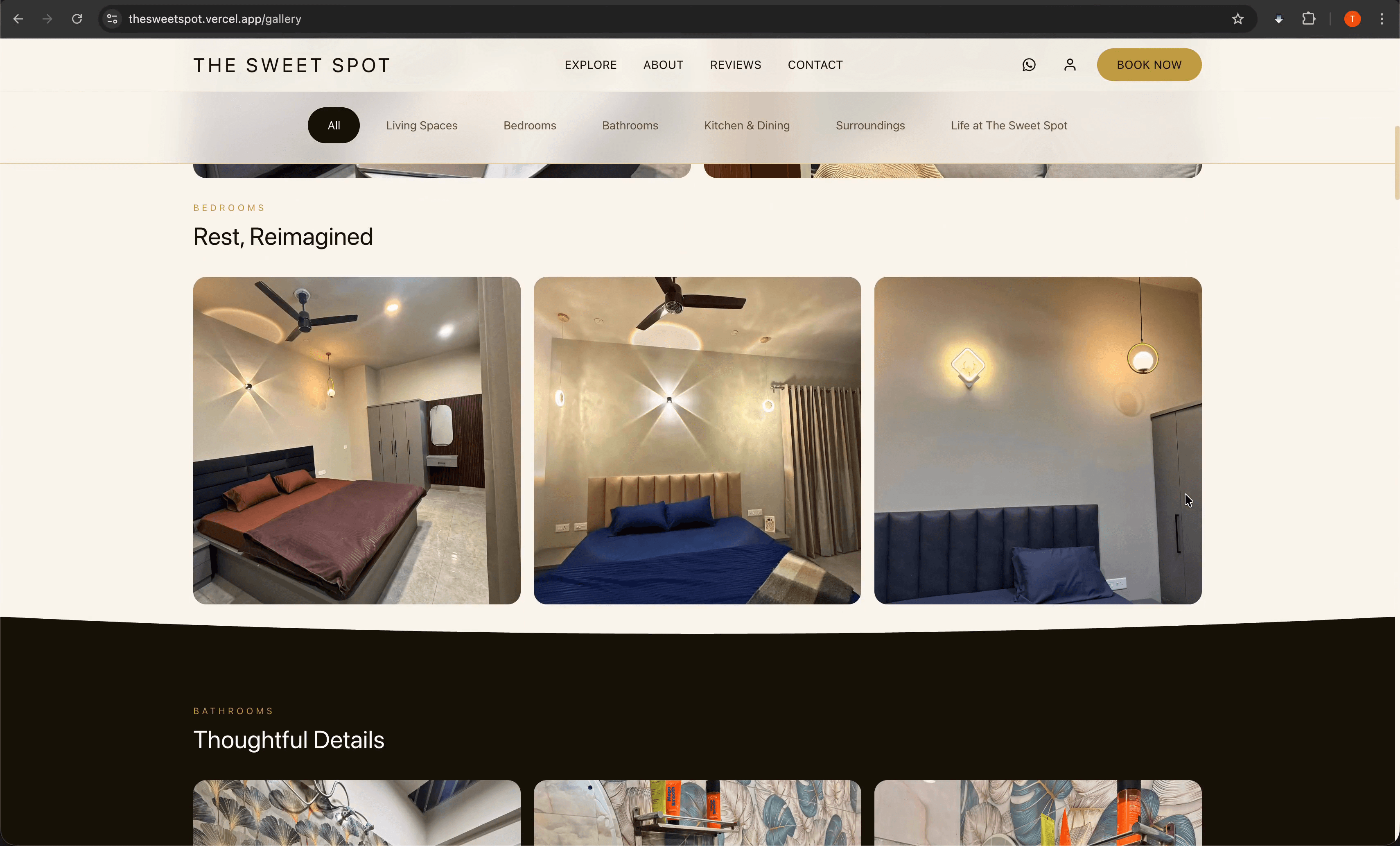 Gallery page with bedroom collection — 'Rest, Reimagined' showing three beautifully styled bedrooms