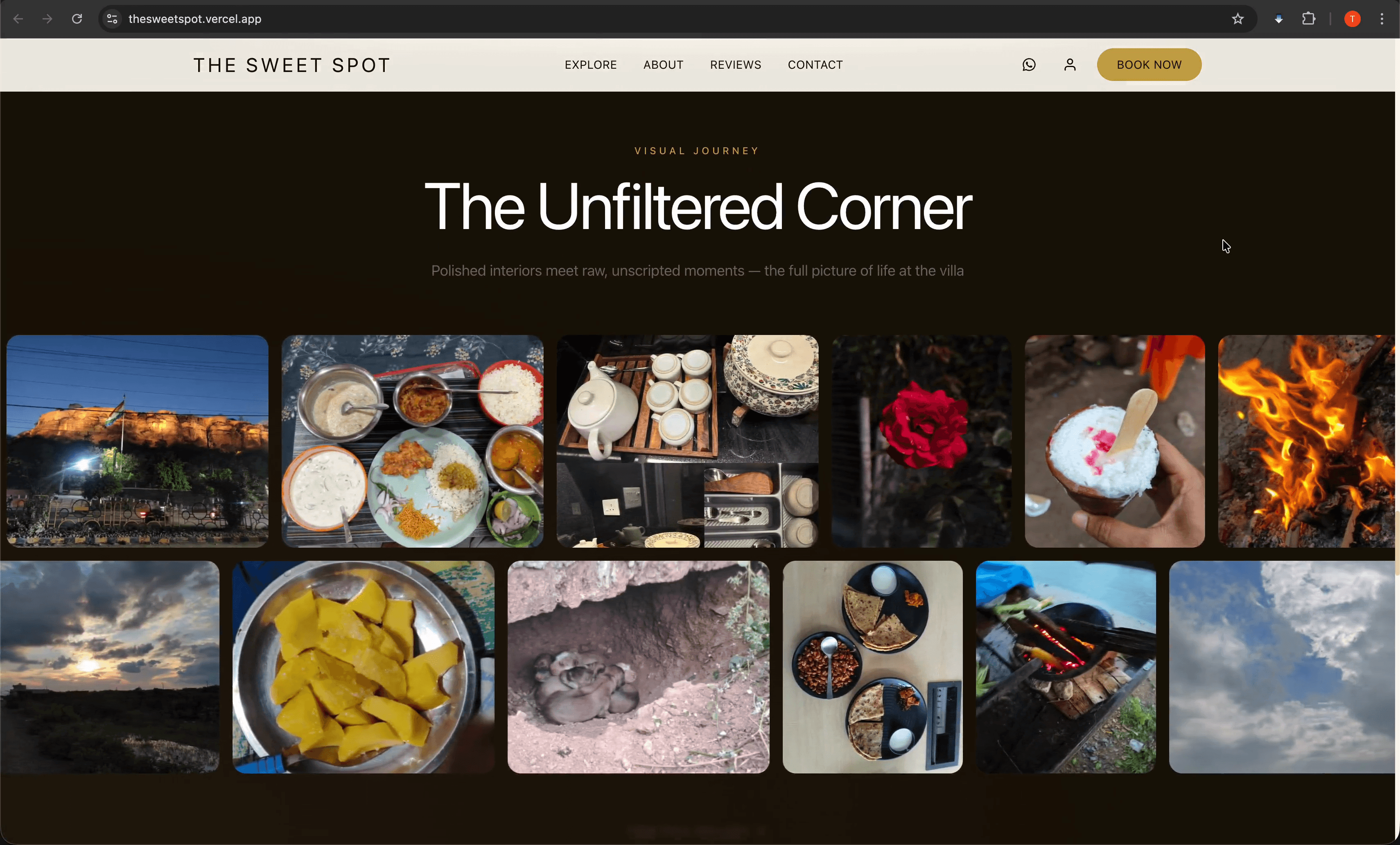 The Unfiltered Corner — vibrant photo masonry grid showcasing food, nature, and property life