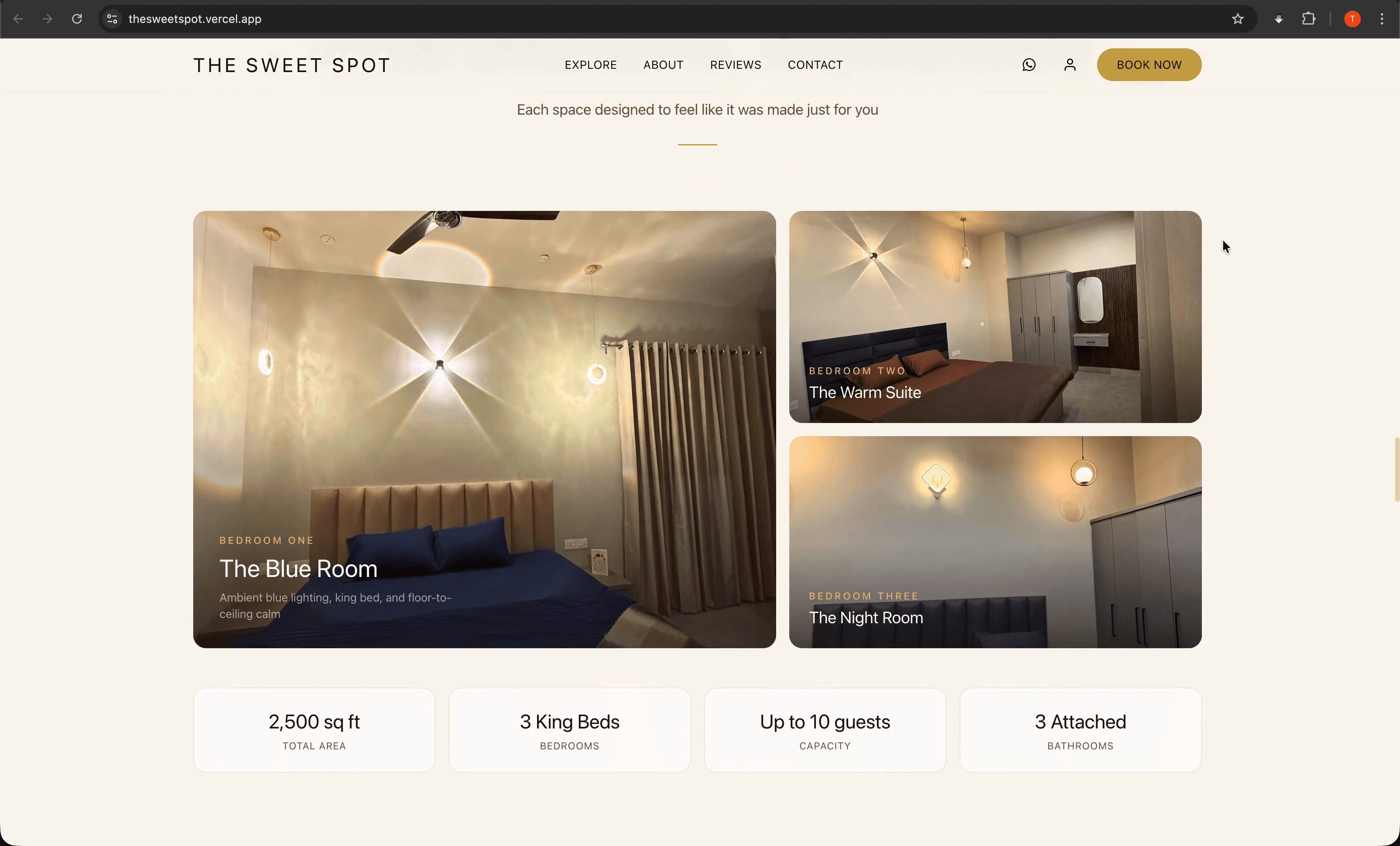 Room showcase grid — The Blue Room, The Warm Suite, The Night Room with property stats: 2,500 sq ft, 3 King Beds