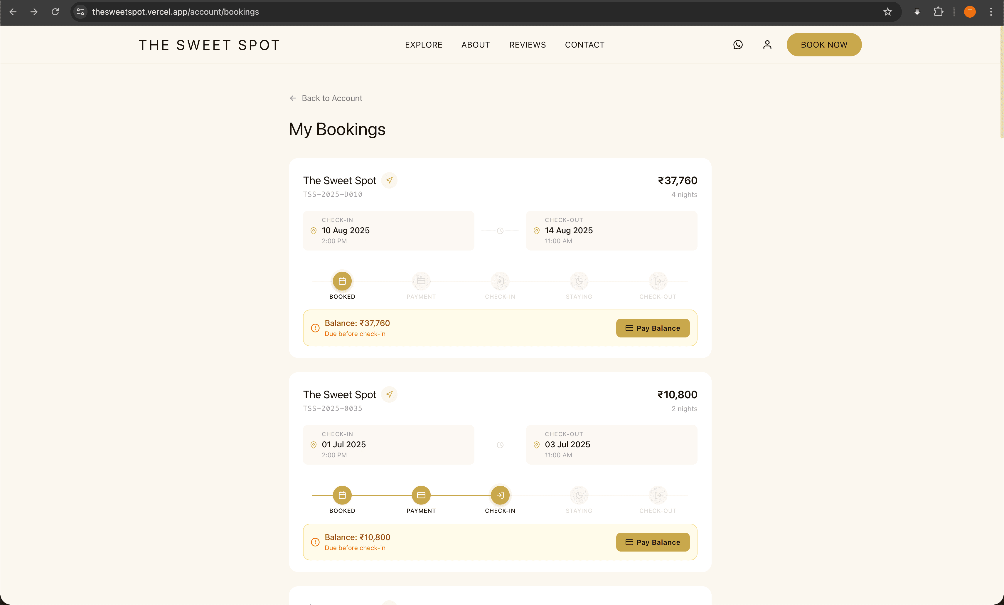My Bookings page with booking cards showing status, dates, room type, and total amount