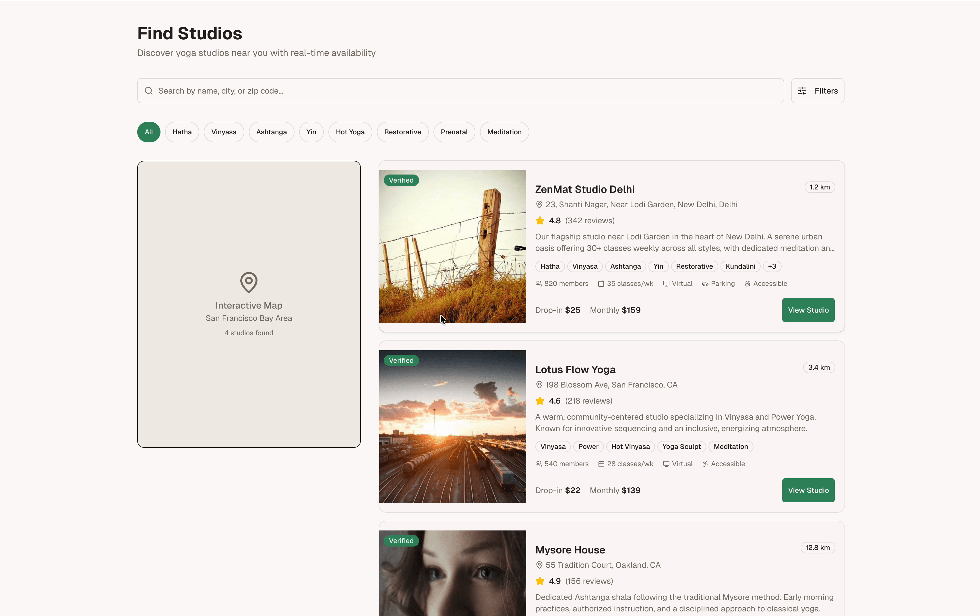 ZenMat studio discovery — find studios with map view, style filters, pricing, and availability