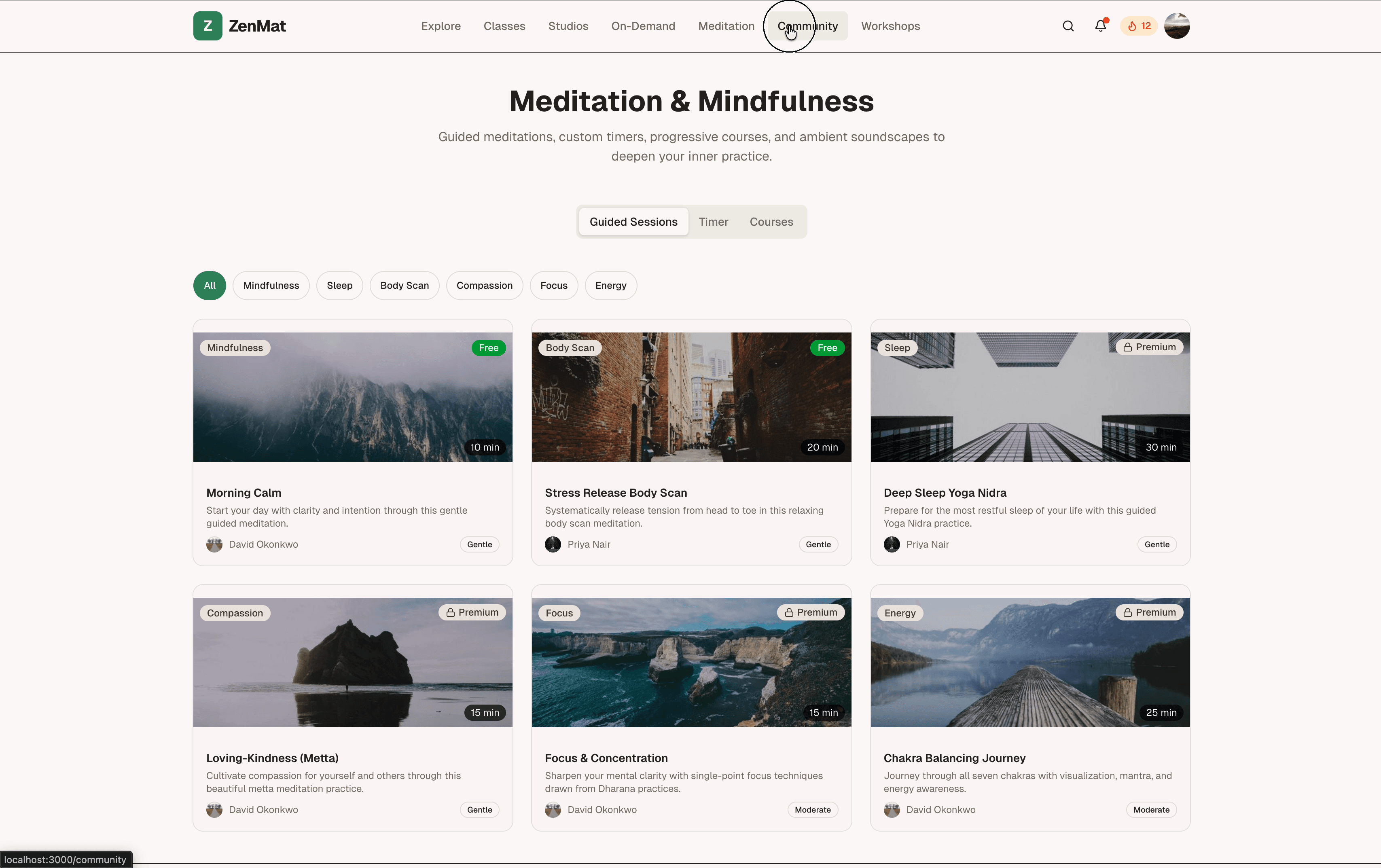 ZenMat meditation library — guided sessions with mindfulness, sleep, body scan, and focus categories