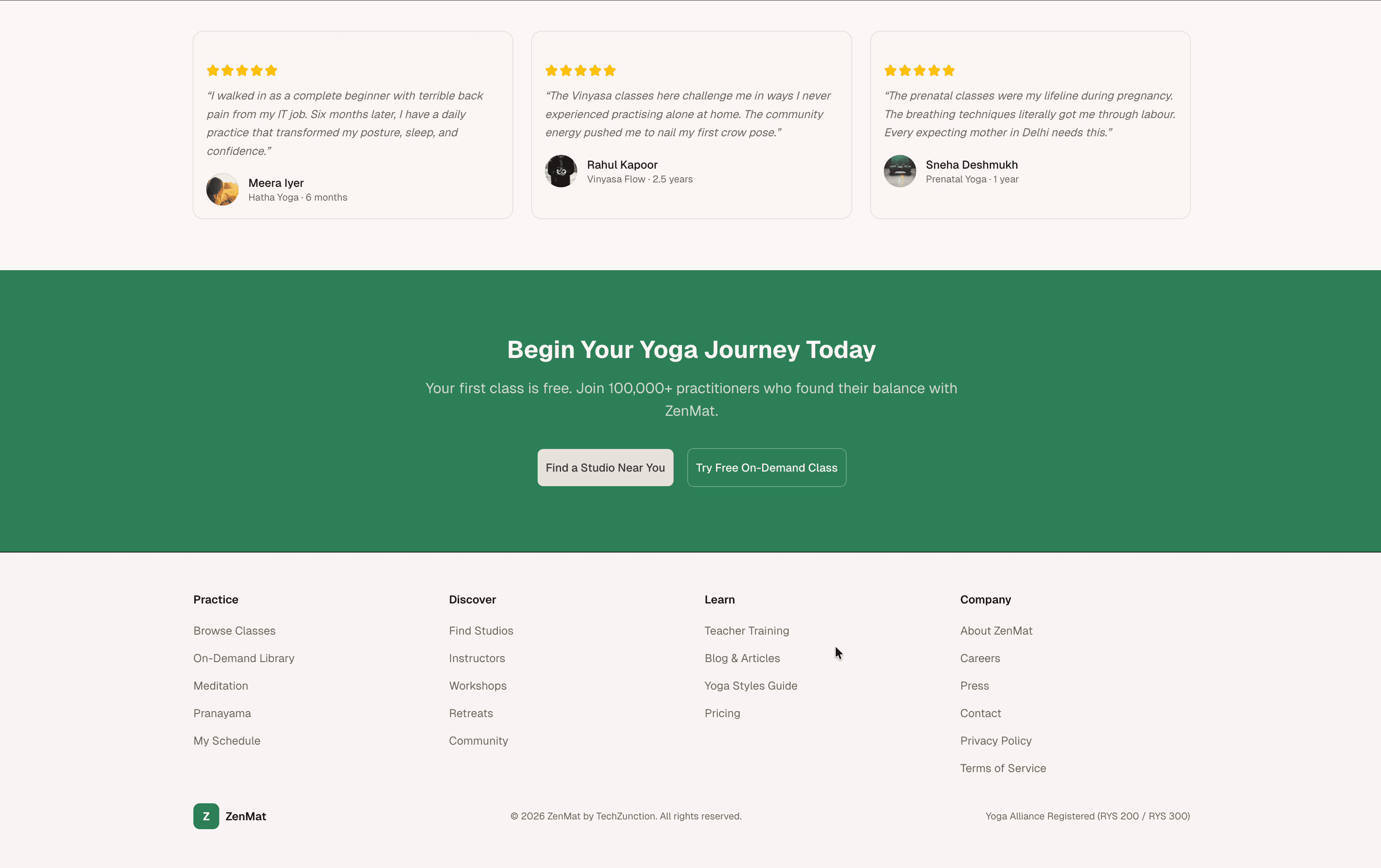 ZenMat testimonials — practitioner reviews and CTA to begin yoga journey