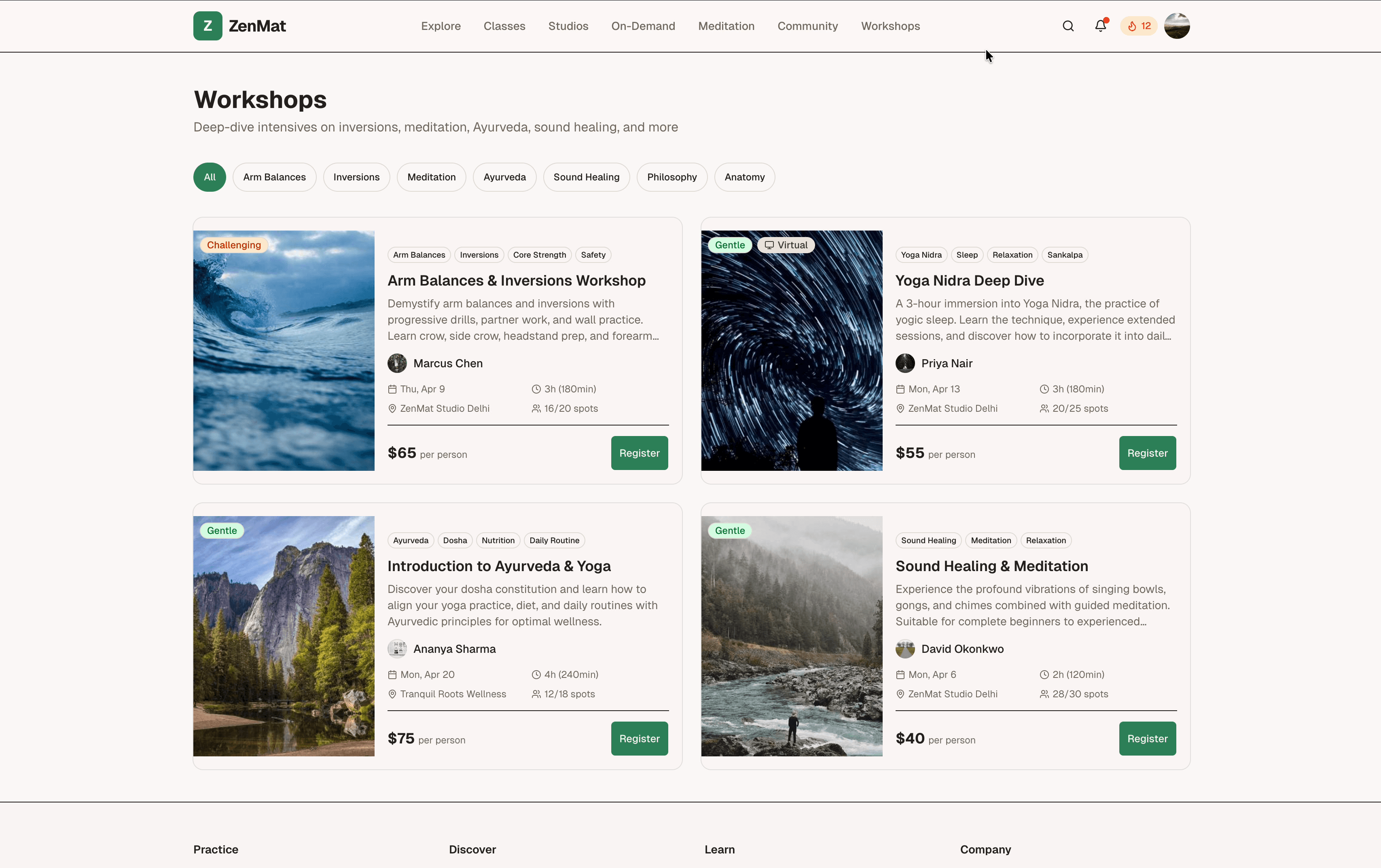 ZenMat workshops — arm balances, yoga nidra, ayurveda, and sound healing with instructor profiles