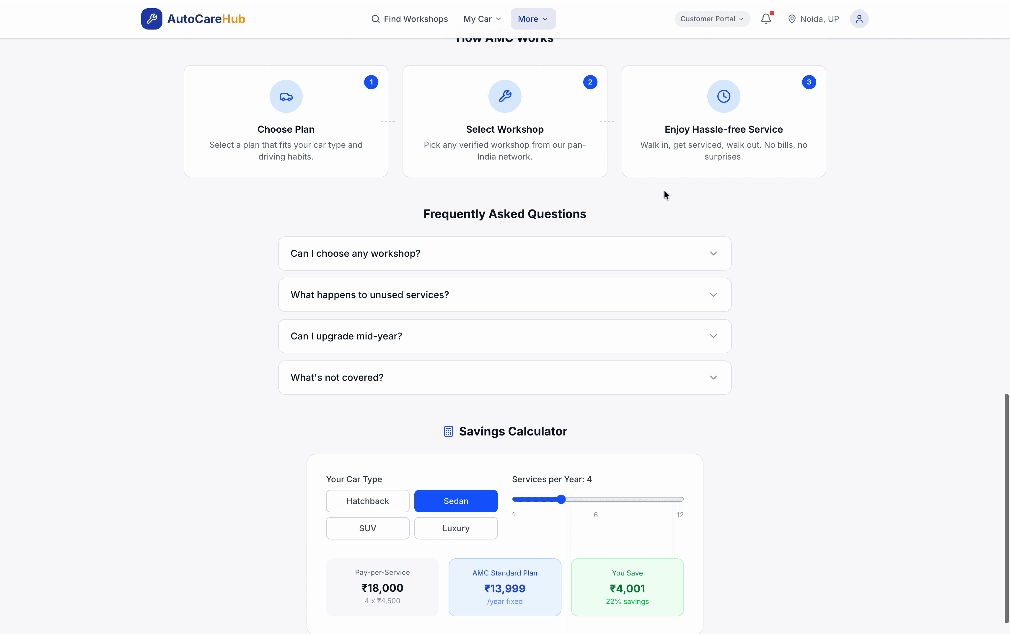AutoCare Hub AMC plans — tiered annual maintenance contracts with pricing and coverage details