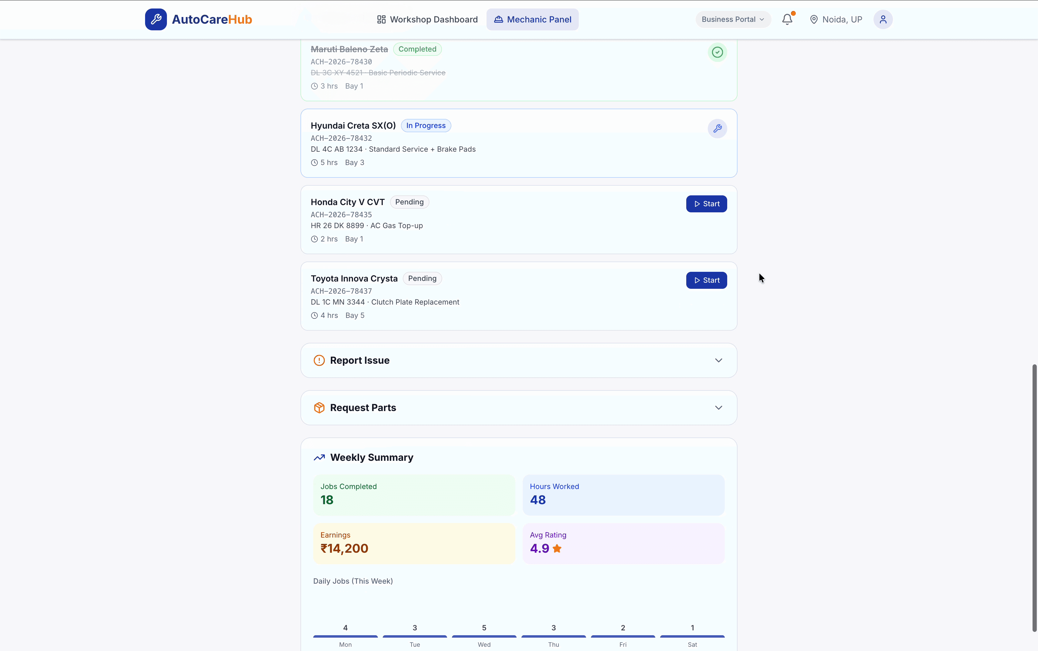 AutoCare Hub mechanic panel — assigned jobs, time tracking, and service stage management