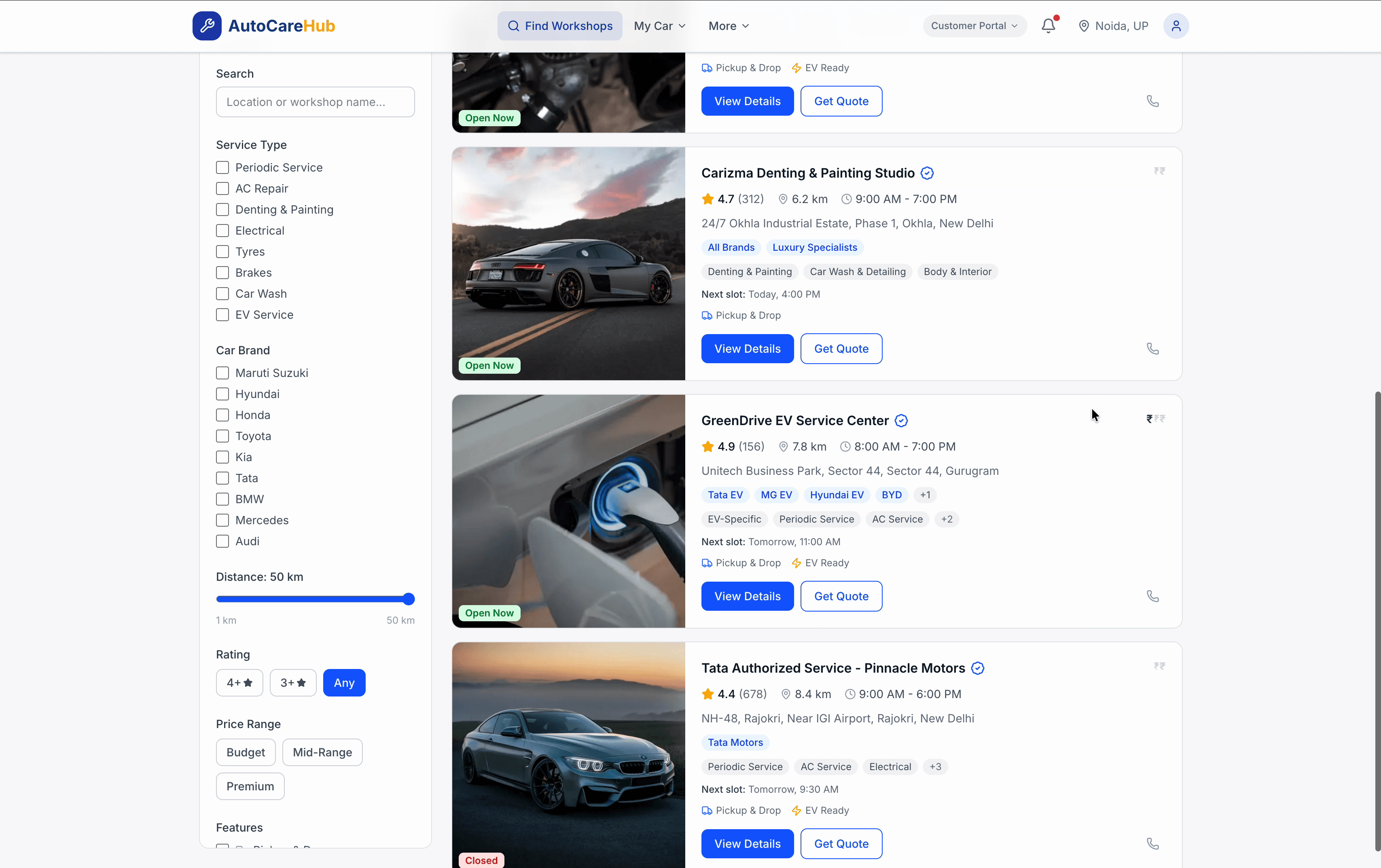 AutoCare Hub workshop finder — search by location, brand specialist, service type with map view and ratings
