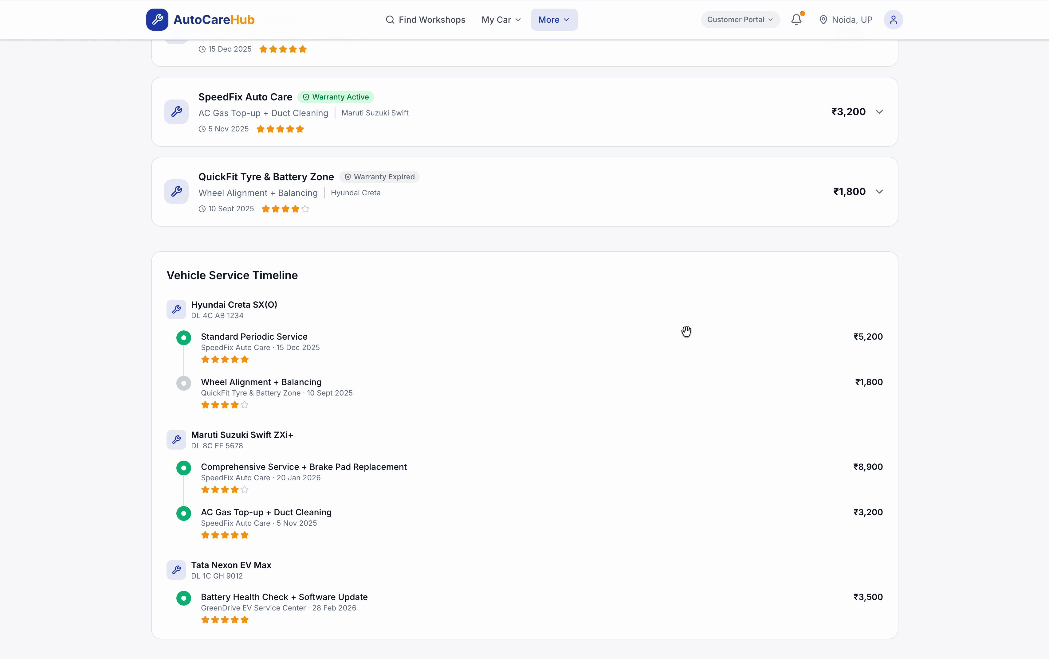 AutoCare Hub service history — chronological timeline of all services per vehicle with invoices