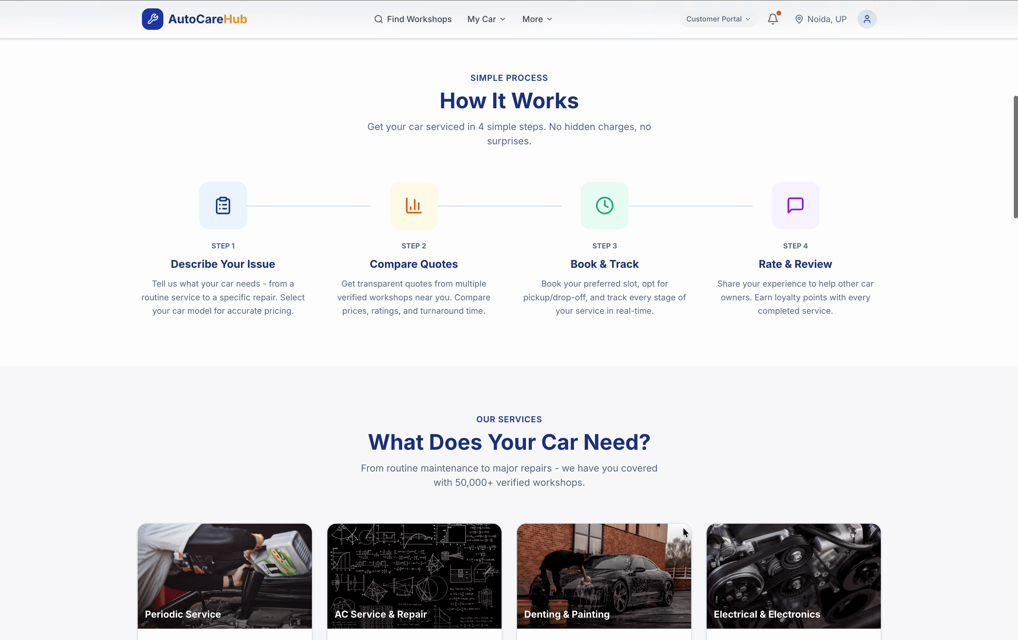 AutoCare Hub homepage — workshop discovery, service categories, nearby workshops, and quick booking
