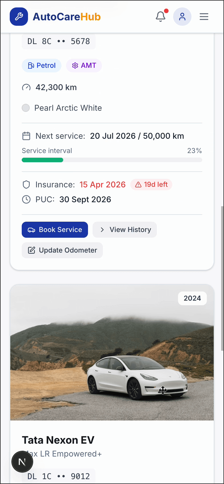AutoCare Hub My Garage — multi-car management with service intervals, insurance, and document storage