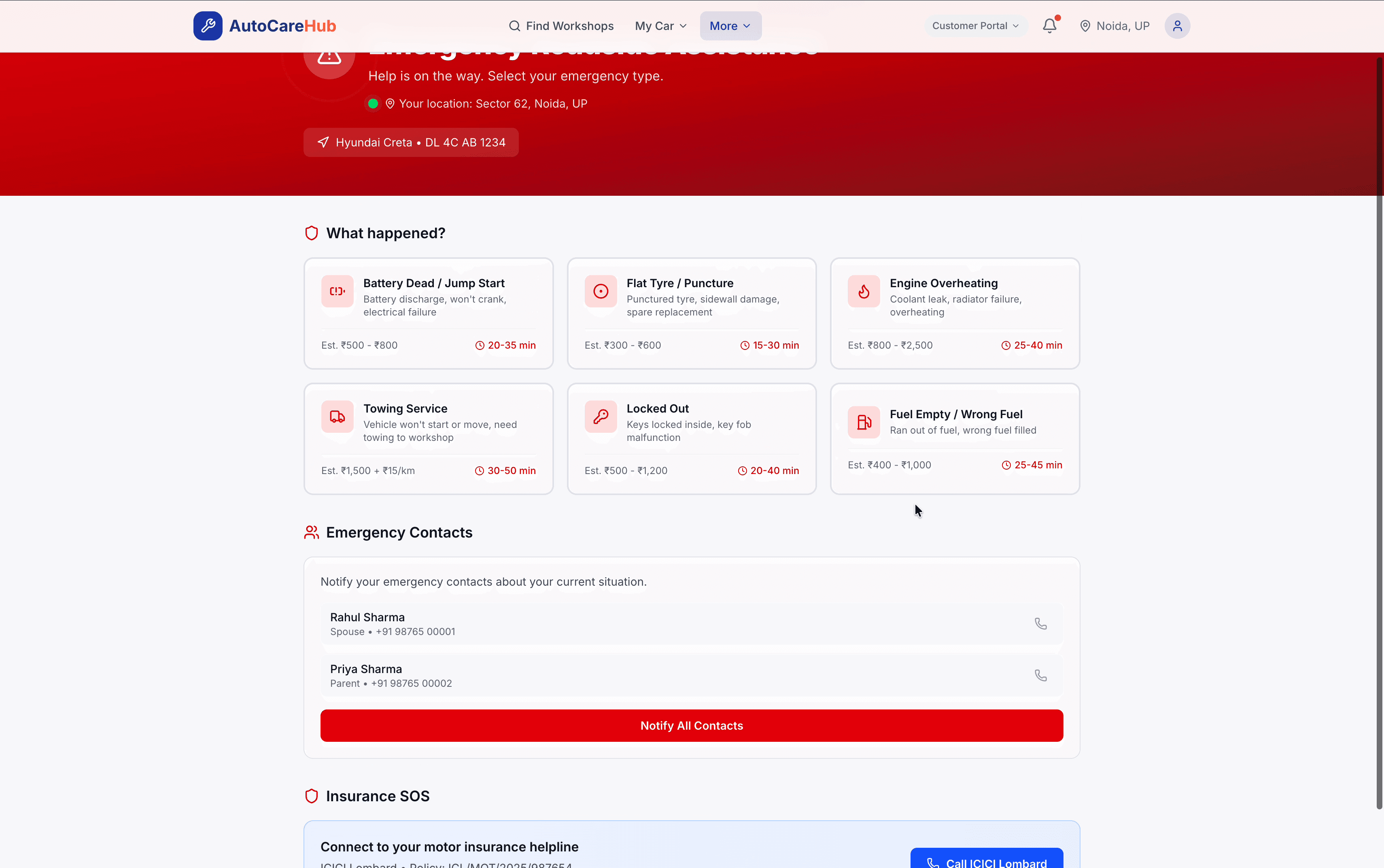 AutoCare Hub emergency SOS — one-tap roadside assistance with nearest responder and live GPS tracking