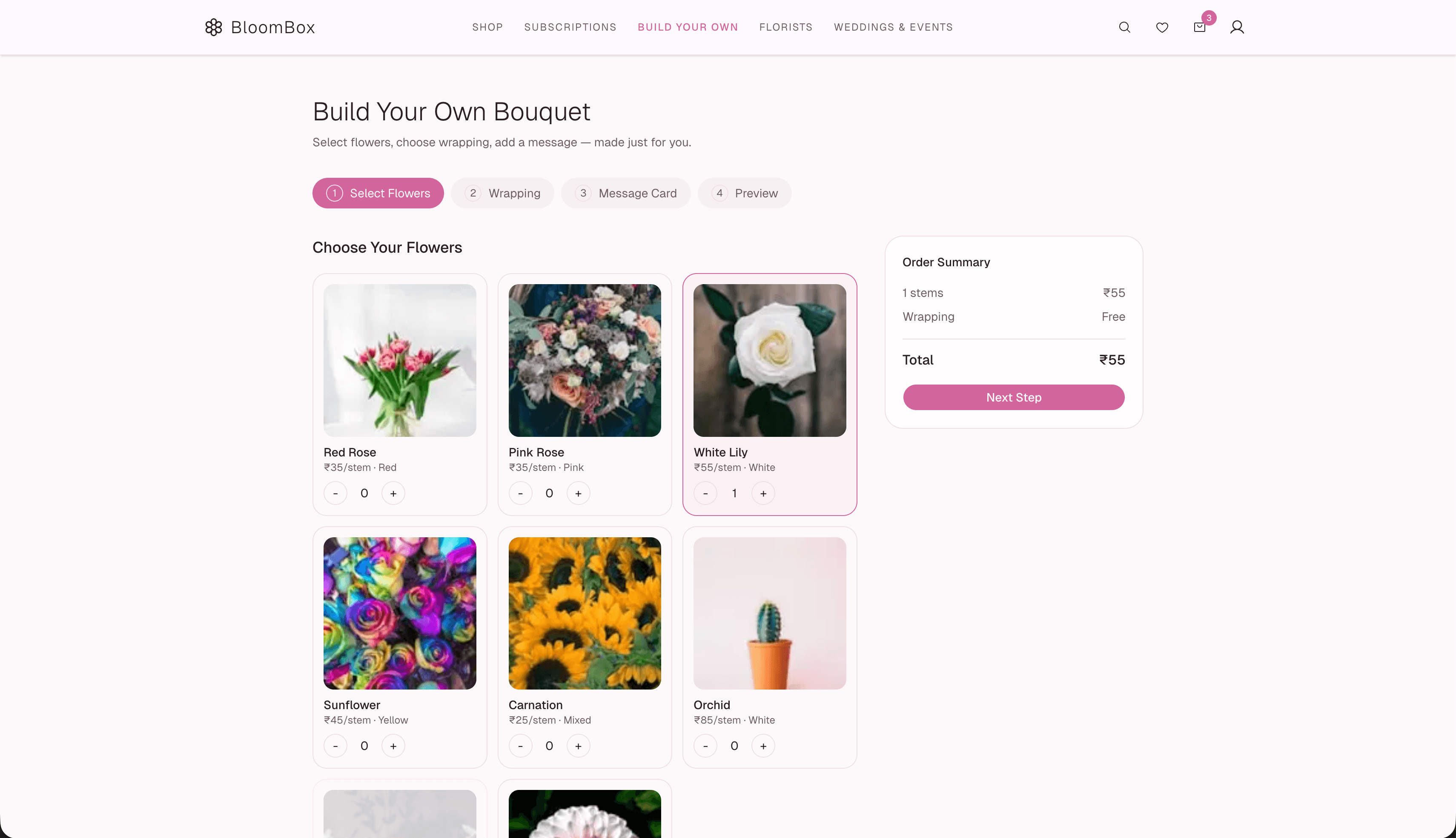 BloomBox custom bouquet builder — select flowers, colors, wrapping style, and personalized card message