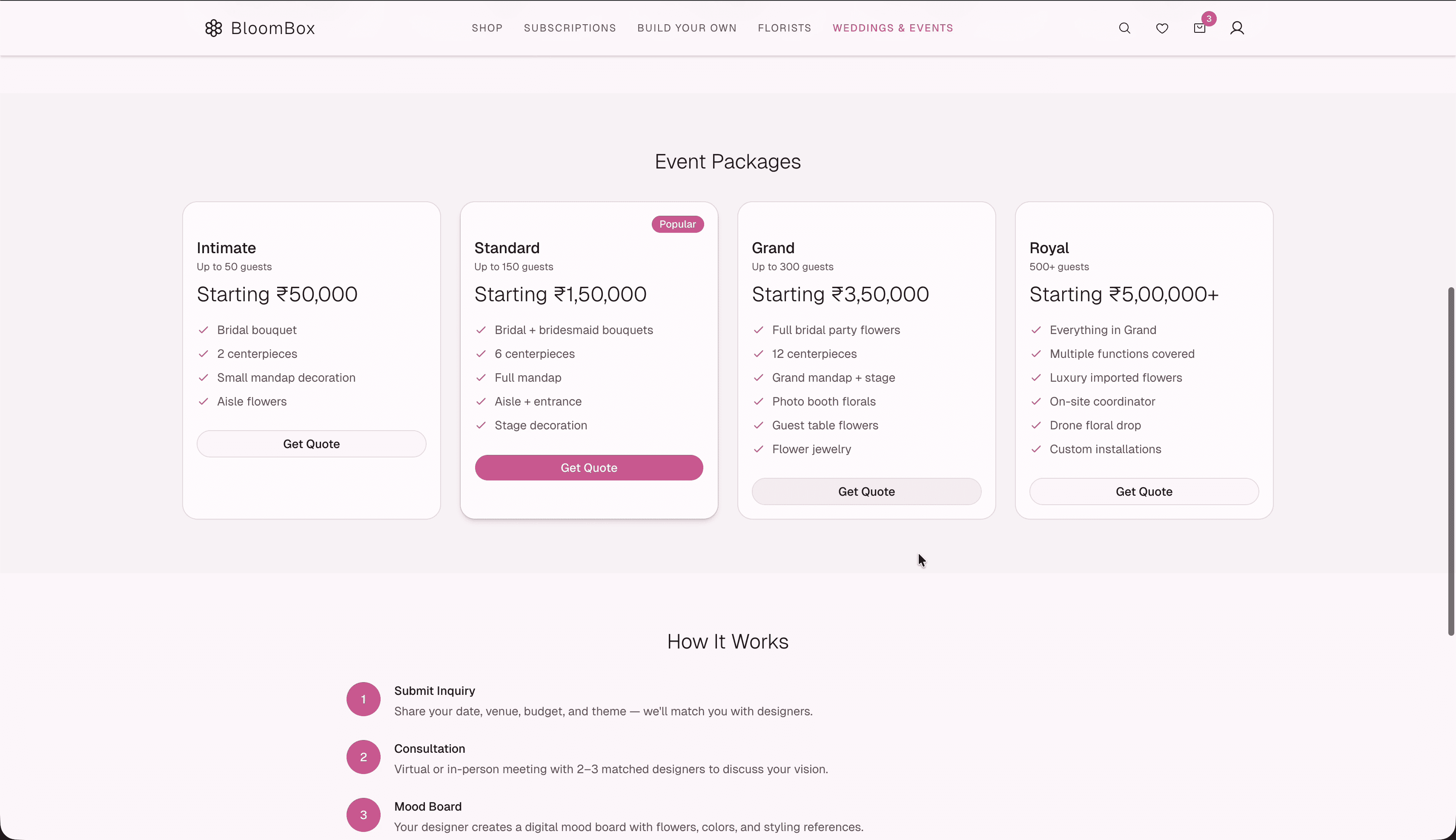 BloomBox events section — wedding and event floral packages with consultation booking