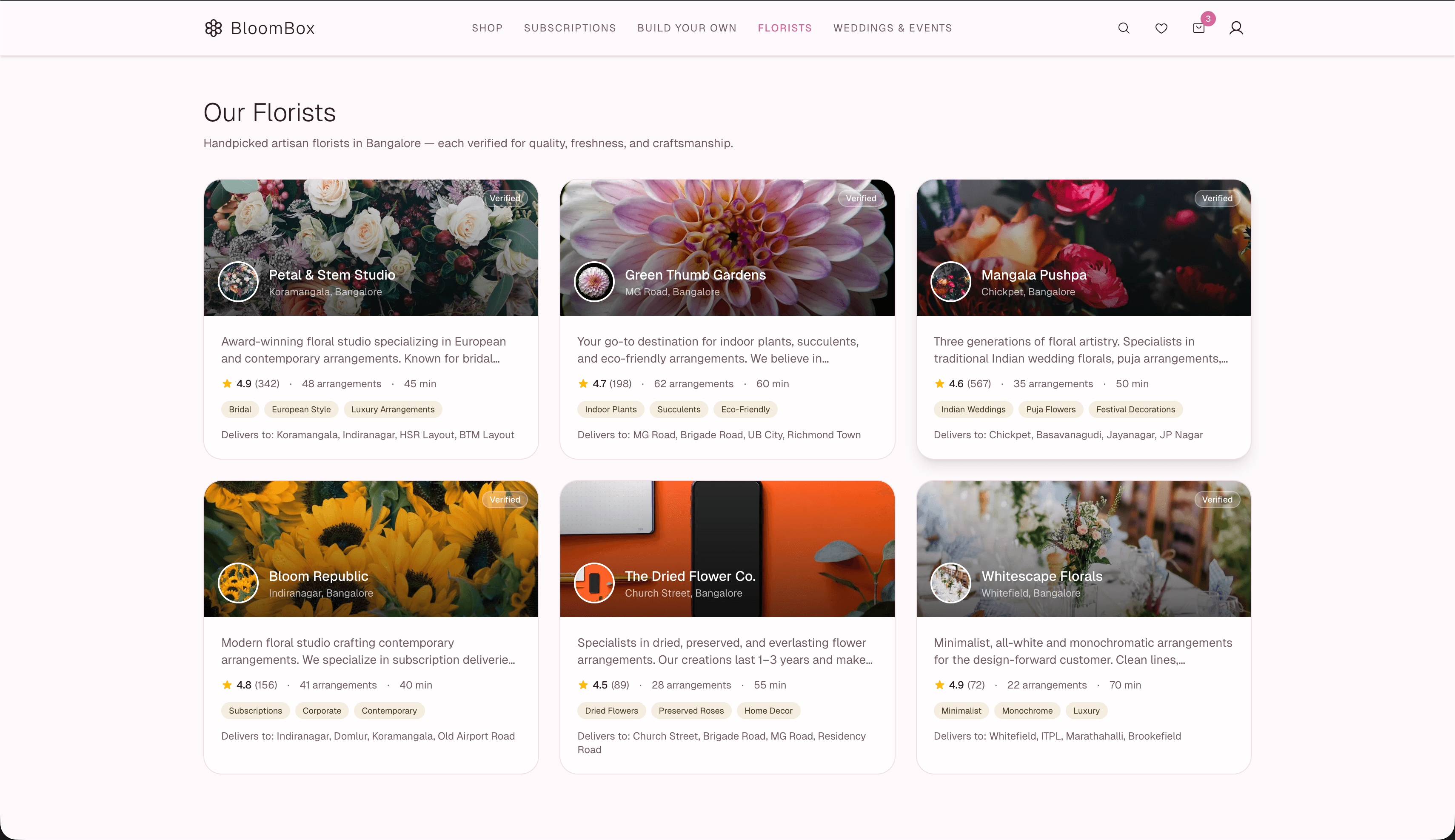 BloomBox florist discovery — browse local florists with ratings, specialties, and delivery zones