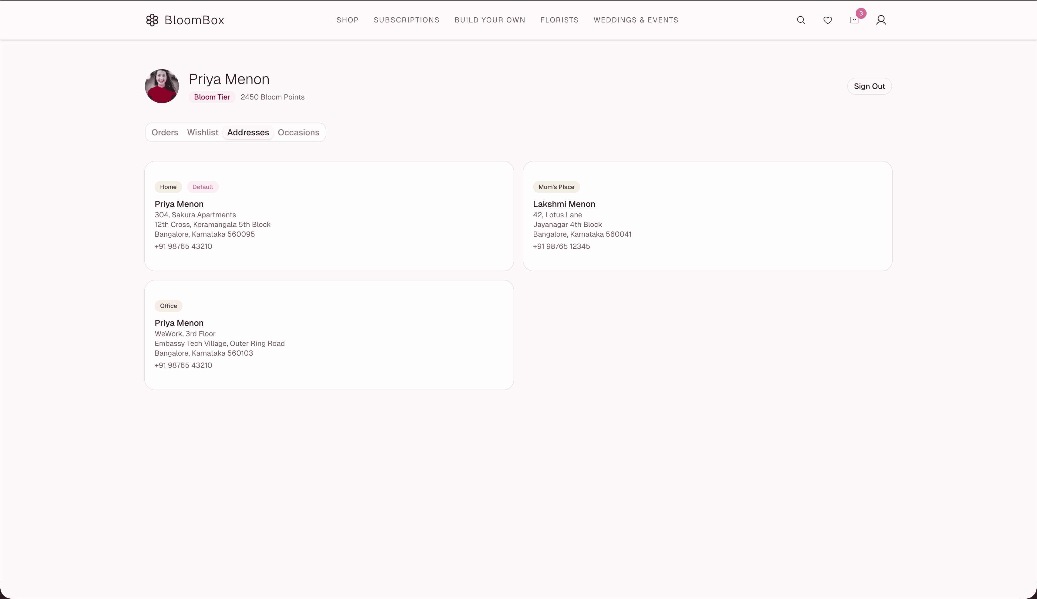 BloomBox saved addresses — manage delivery addresses for quick checkout