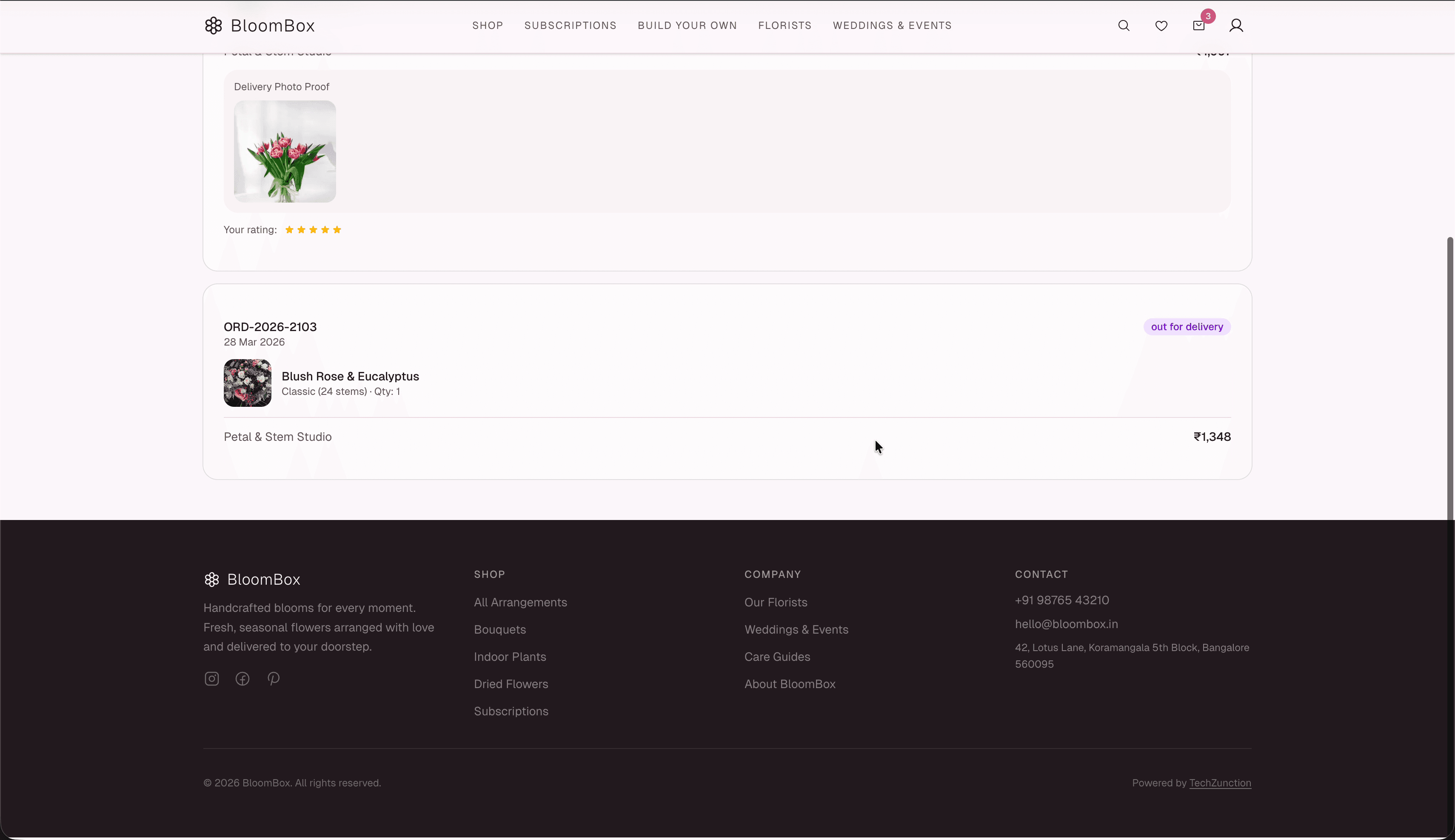 BloomBox order history — past orders with status, tracking, and reorder options