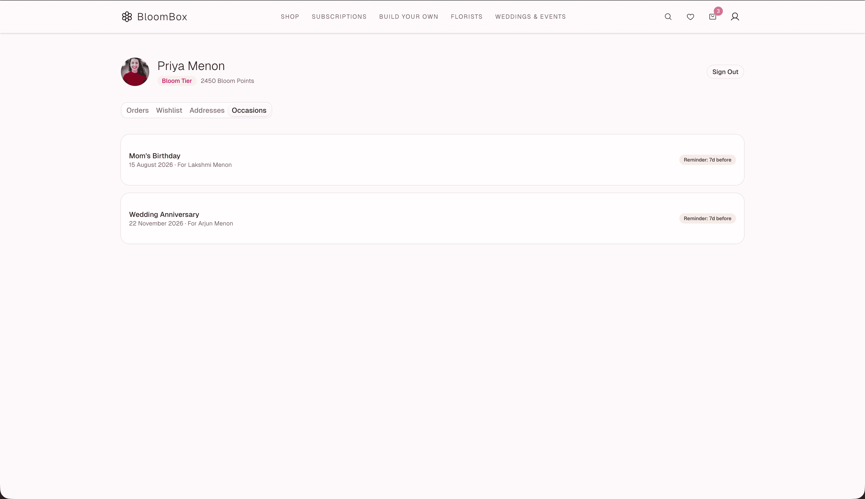 BloomBox occasion reminders — saved dates for birthdays, anniversaries with auto-suggest