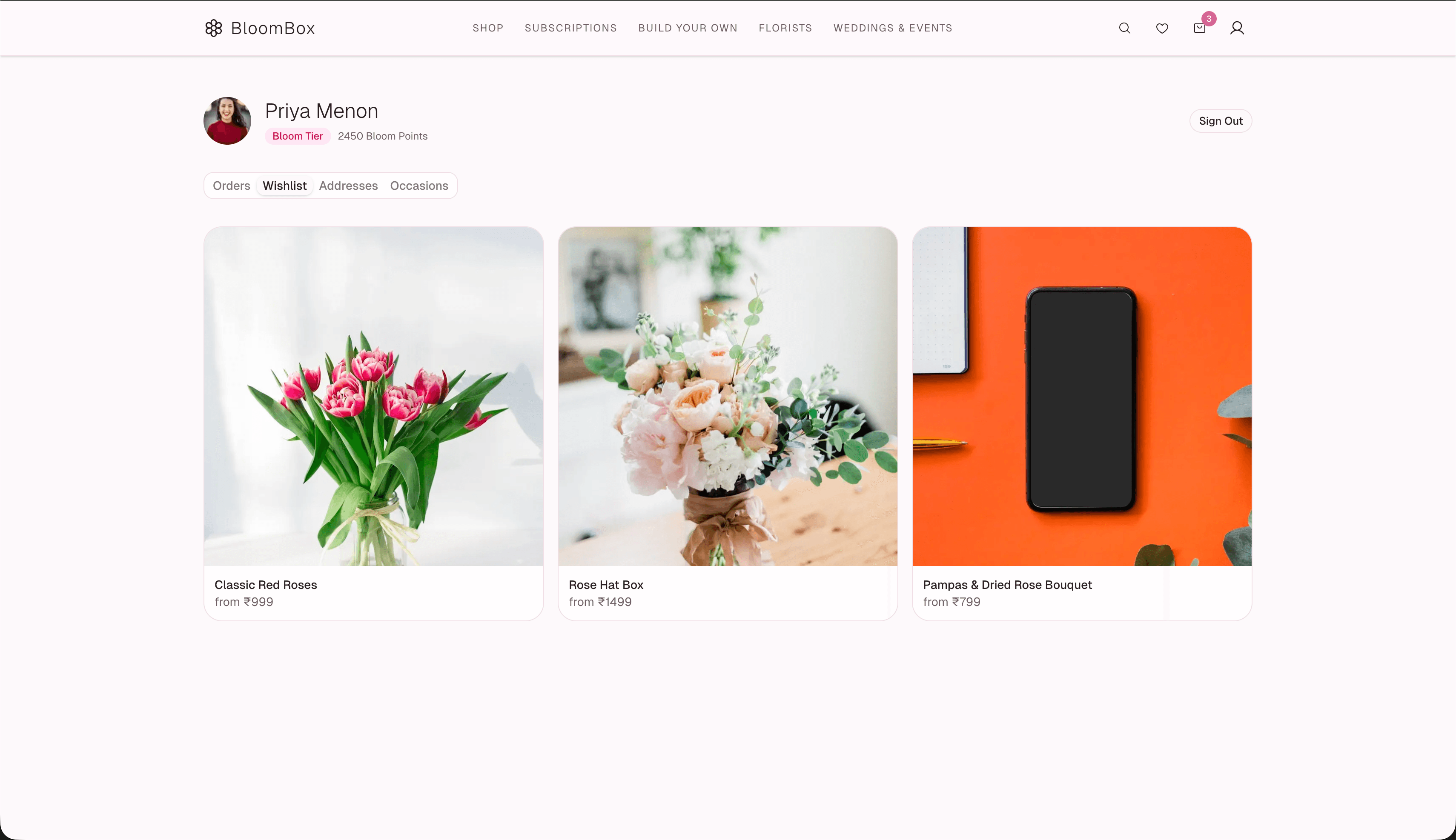 BloomBox wishlist — saved arrangements and plants with quick reorder
