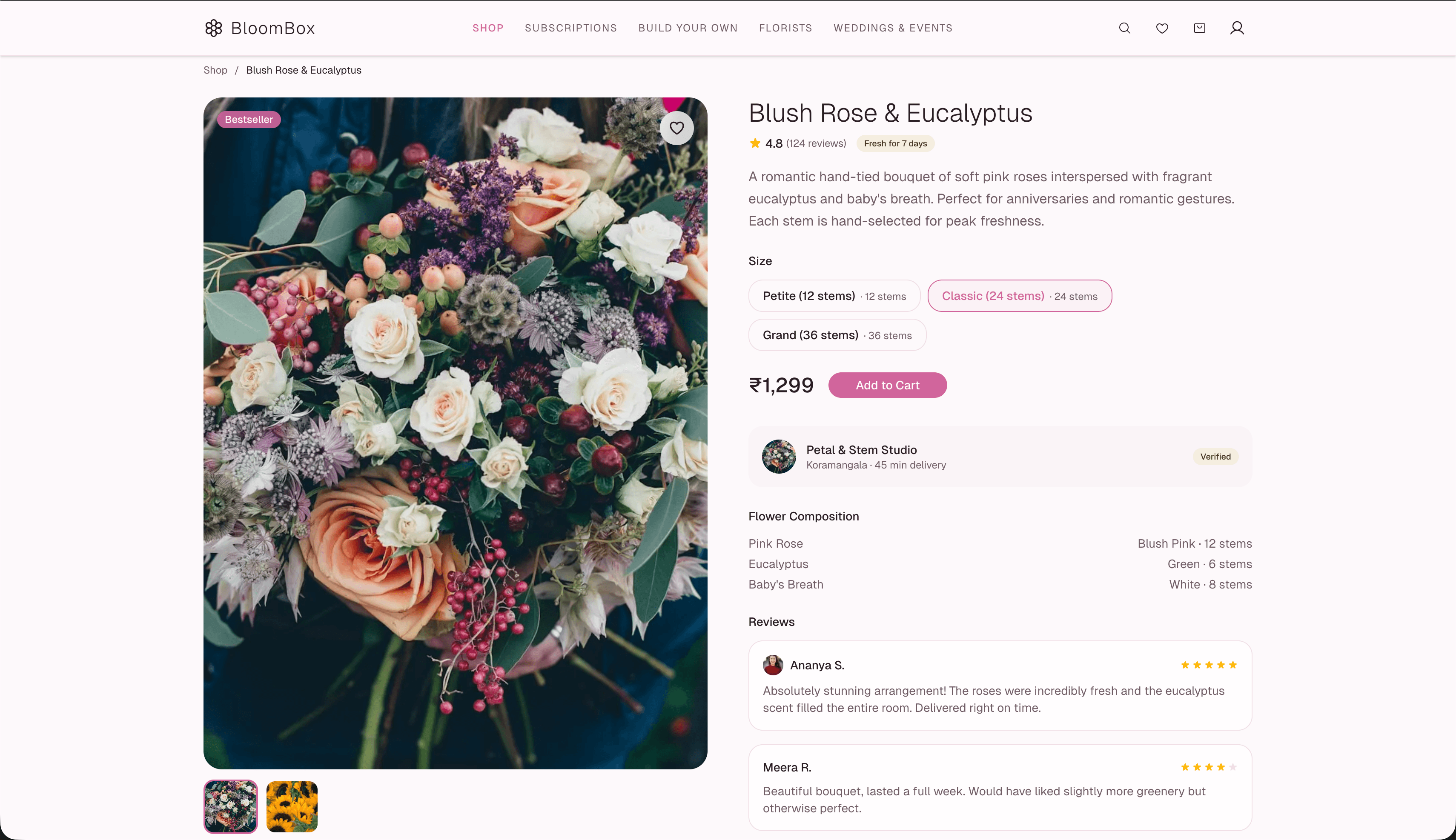 BloomBox product detail — arrangement details with photos, pricing, freshness info, and add-to-cart