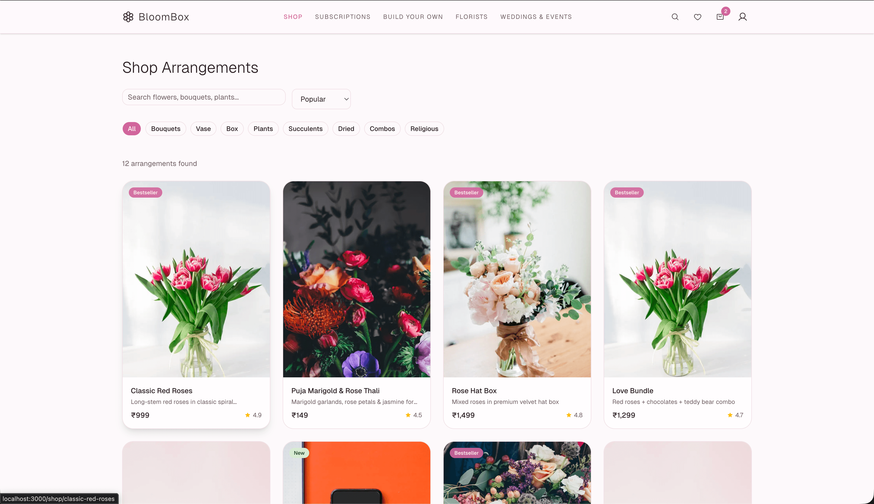 BloomBox shop page — flower arrangements with filters by category, occasion, price range, and flower type