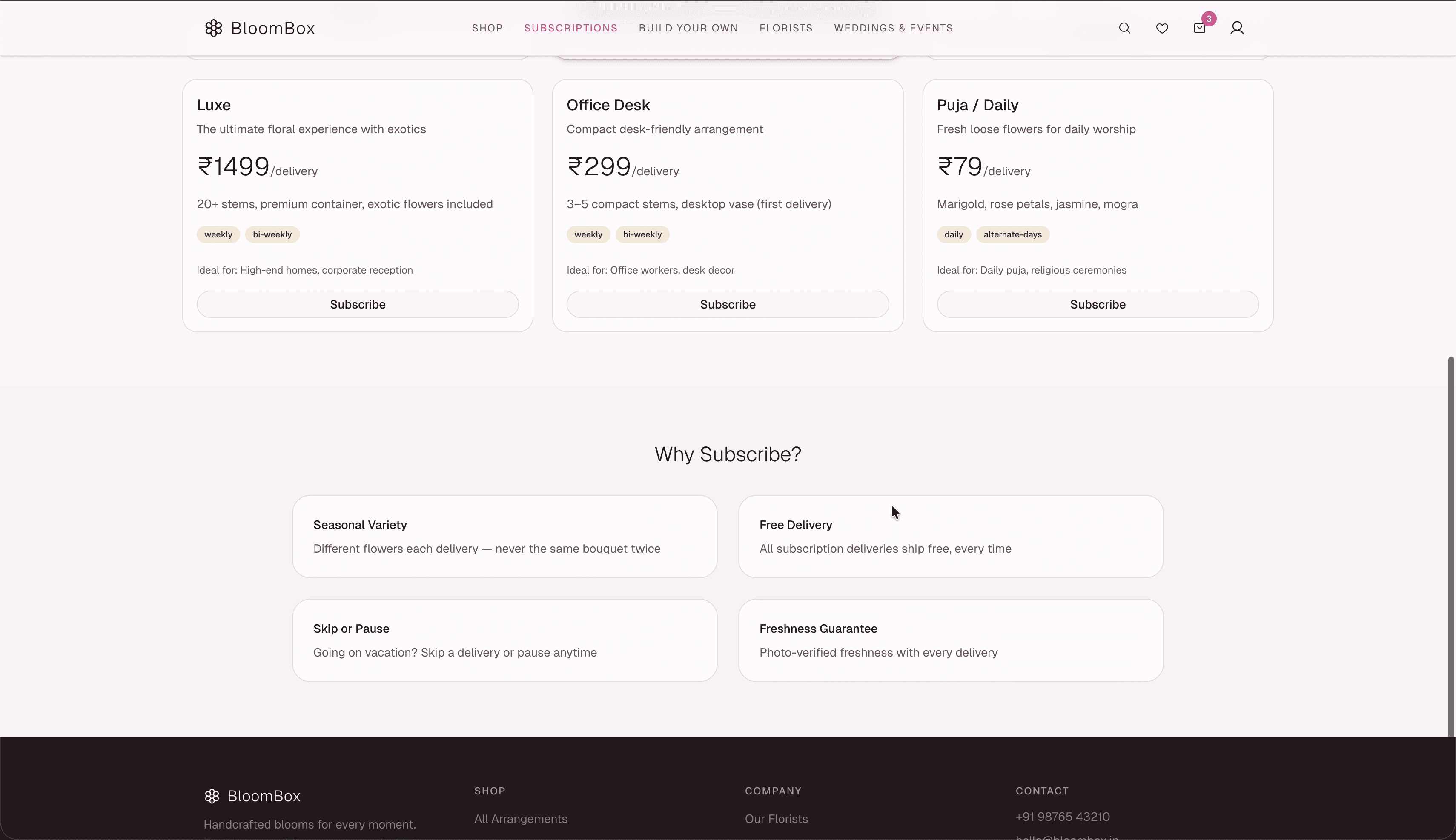 BloomBox subscription plans — weekly and bi-weekly fresh flower deliveries with seasonal rotation