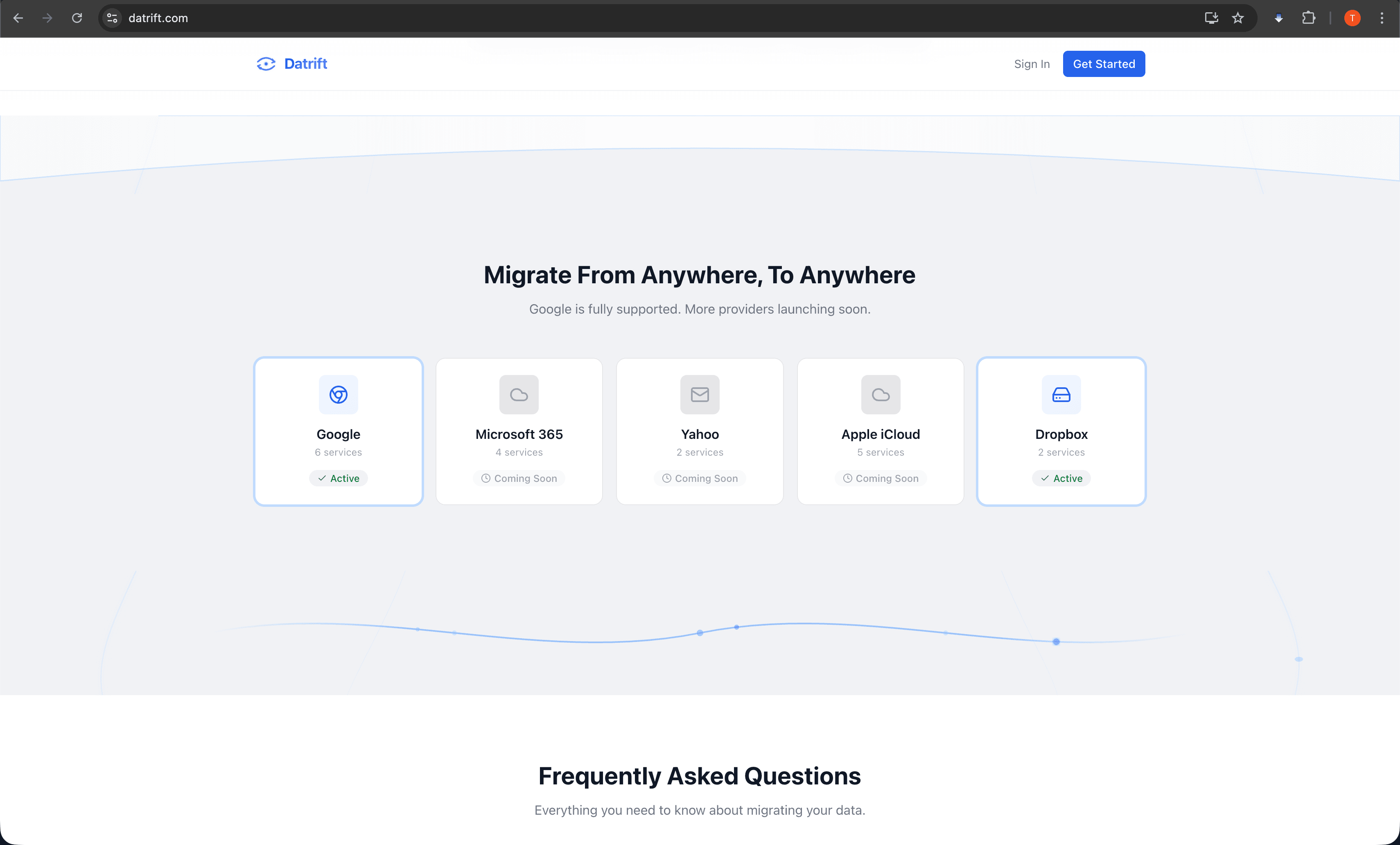 Datrift multi-provider support showing Google, Microsoft 365, Yahoo, iCloud, and Dropbox integrations