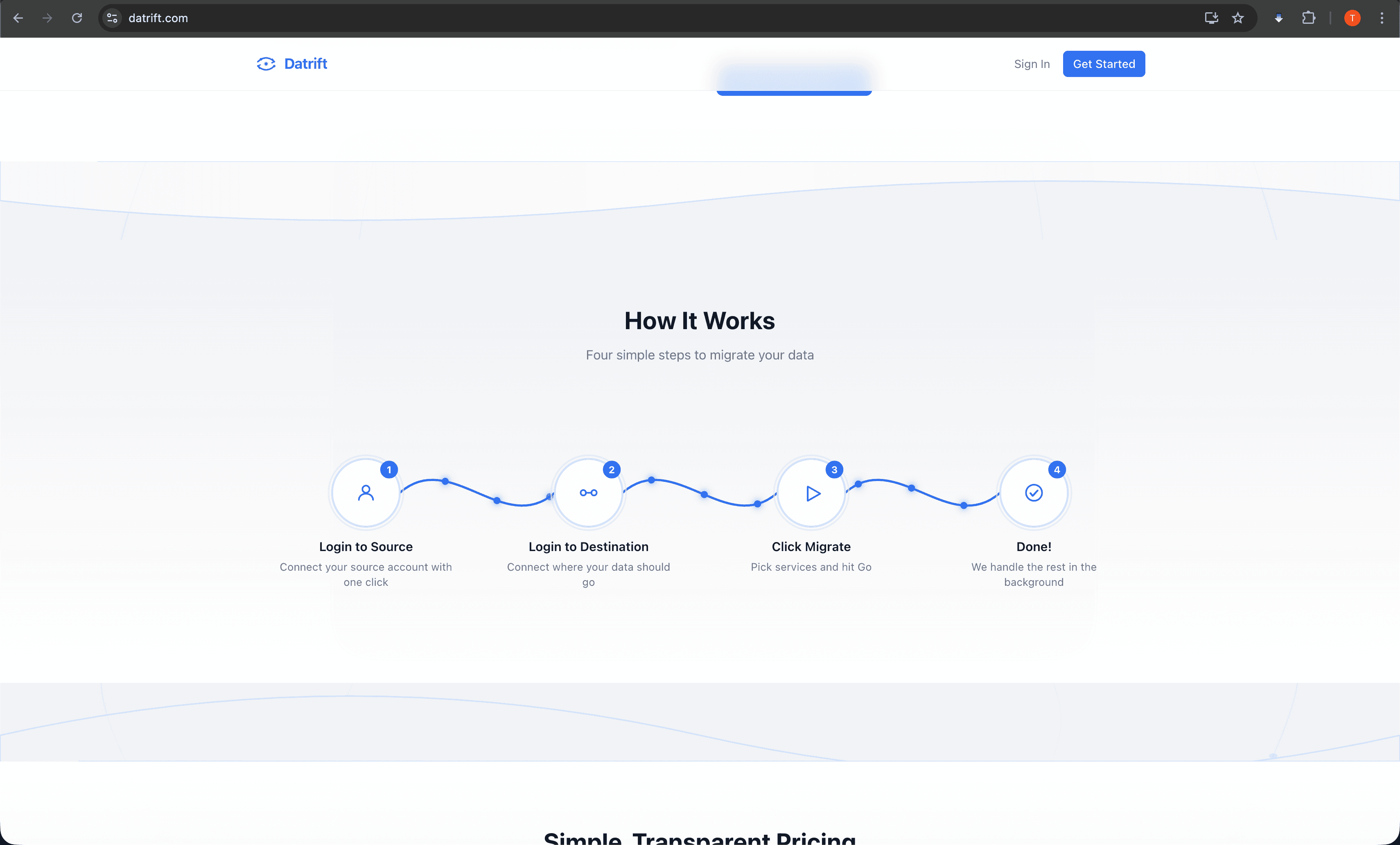 Datrift four-step migration process — login to source, login to destination, click migrate, done