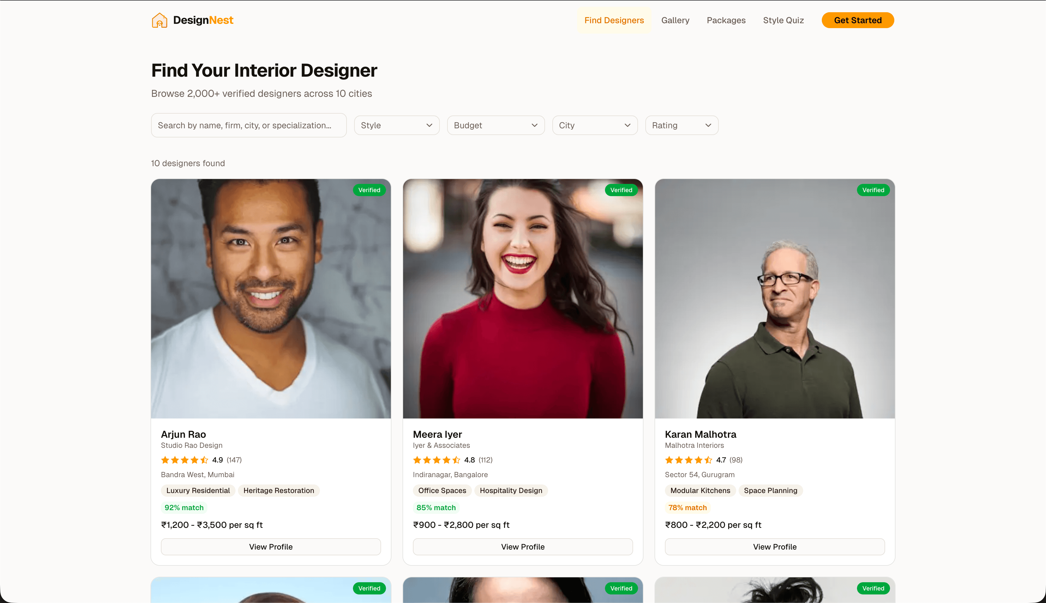 DesignNest designer discovery — verified designers with portfolios, specialties, ratings, and project count