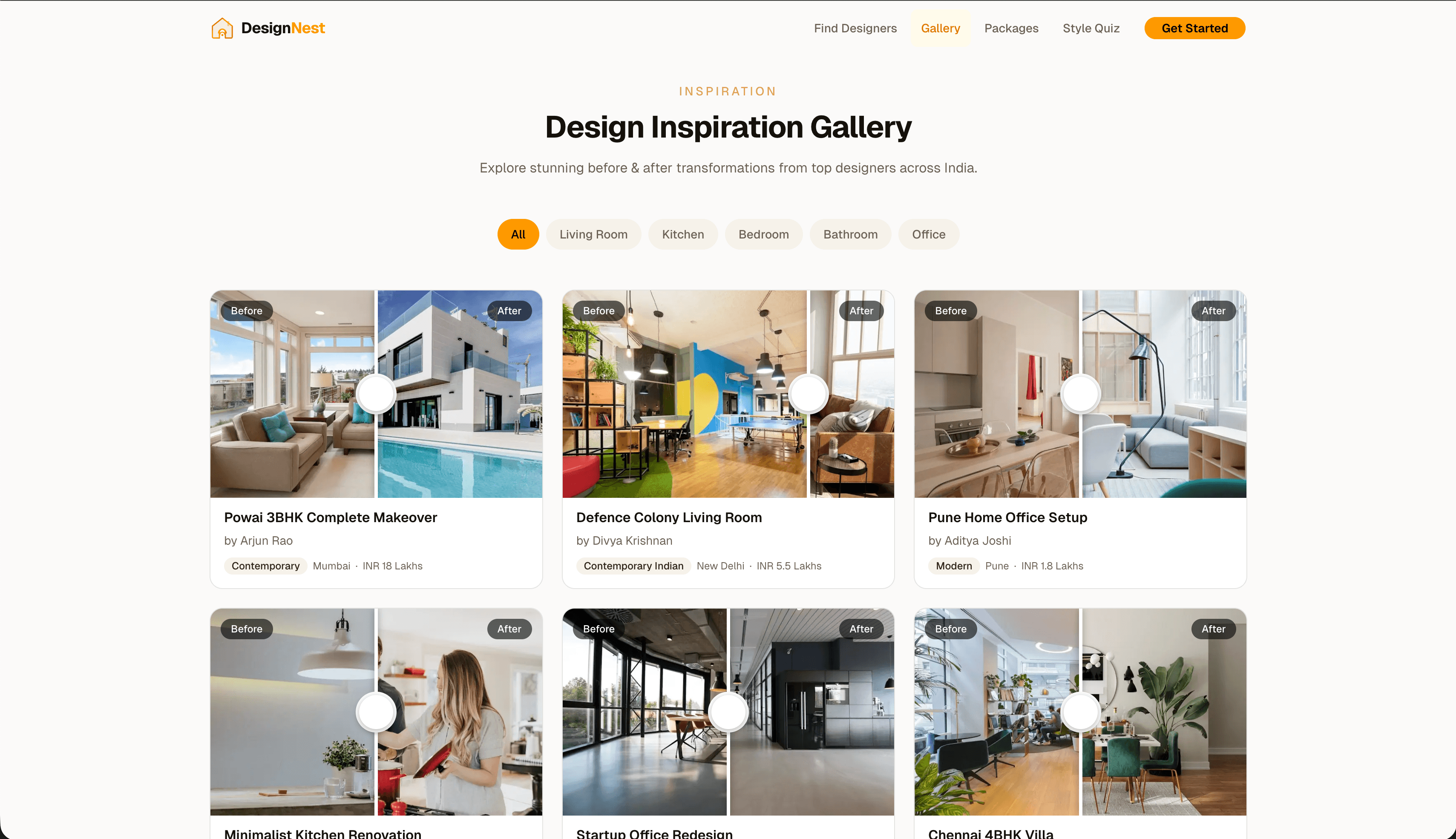 DesignNest design gallery — curated interior projects filterable by room type, style, and budget