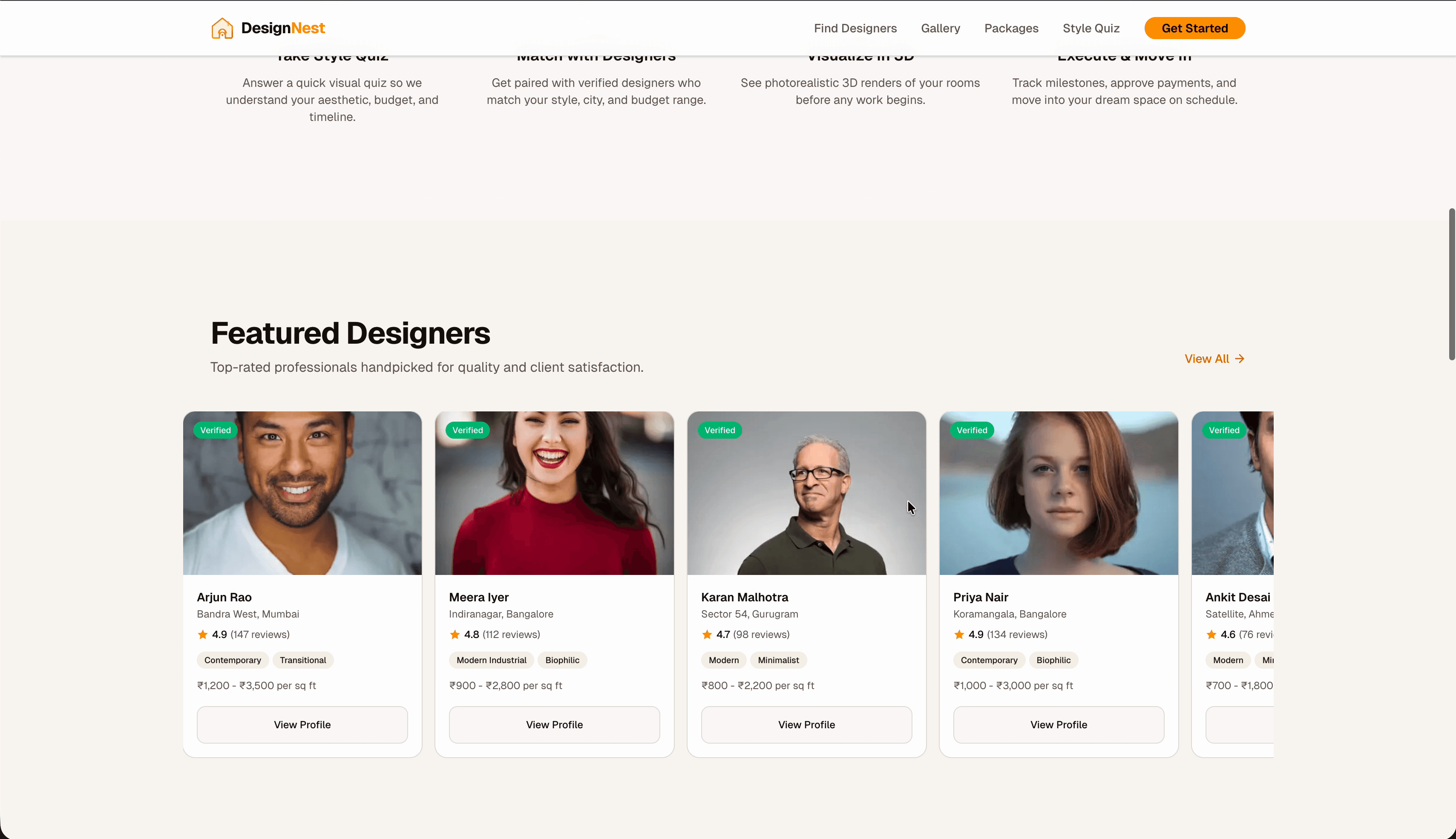 DesignNest landing page — hero with interior design imagery, style discovery, and designer matching