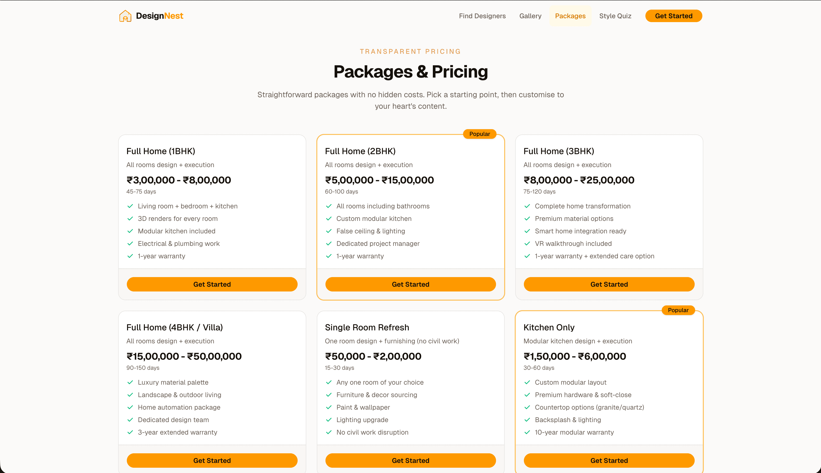 DesignNest pricing packages — transparent tiers from consultation to premium execution with clear deliverables