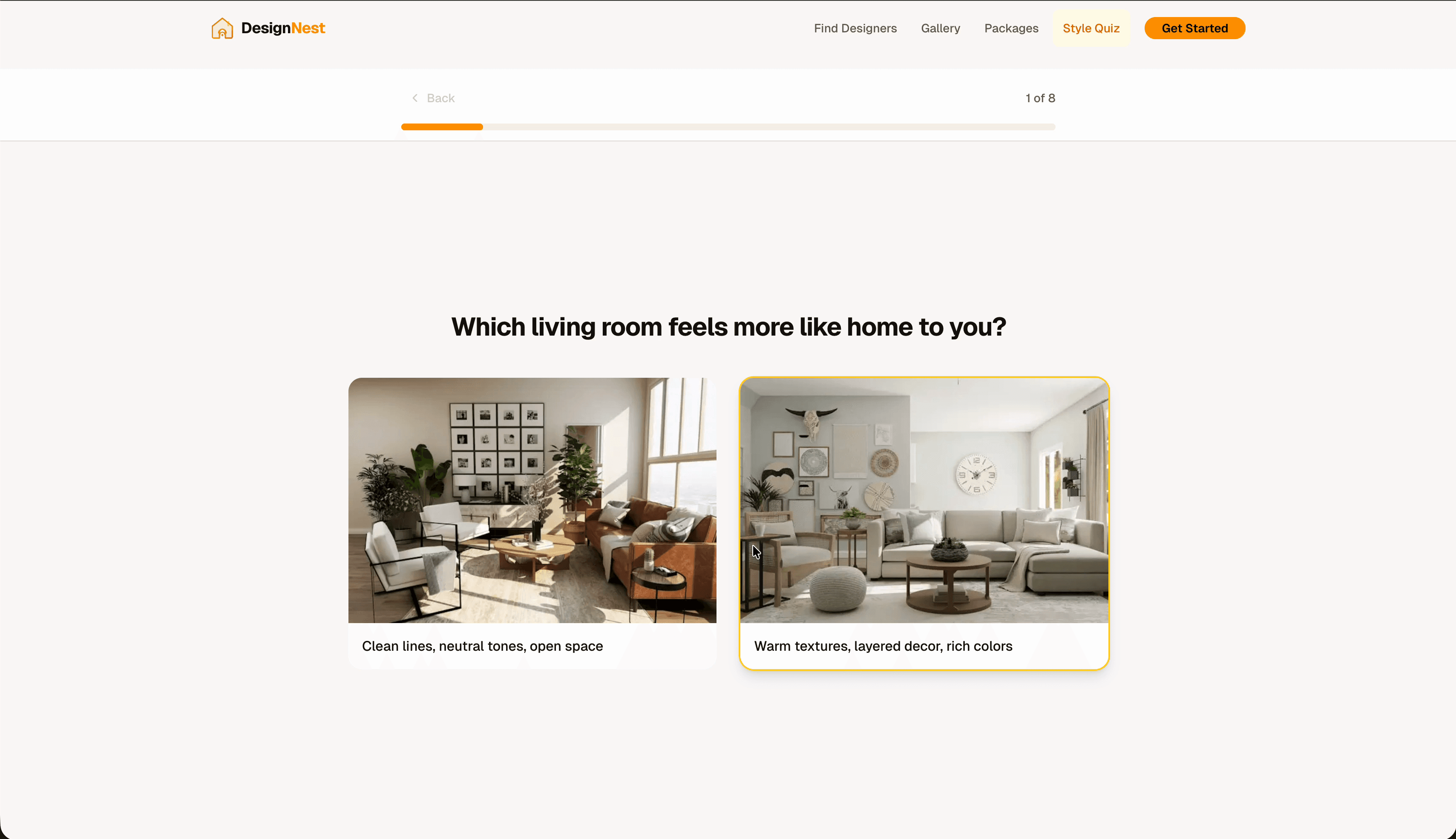 DesignNest style quiz — interactive questionnaire matching users to designers based on aesthetic preferences