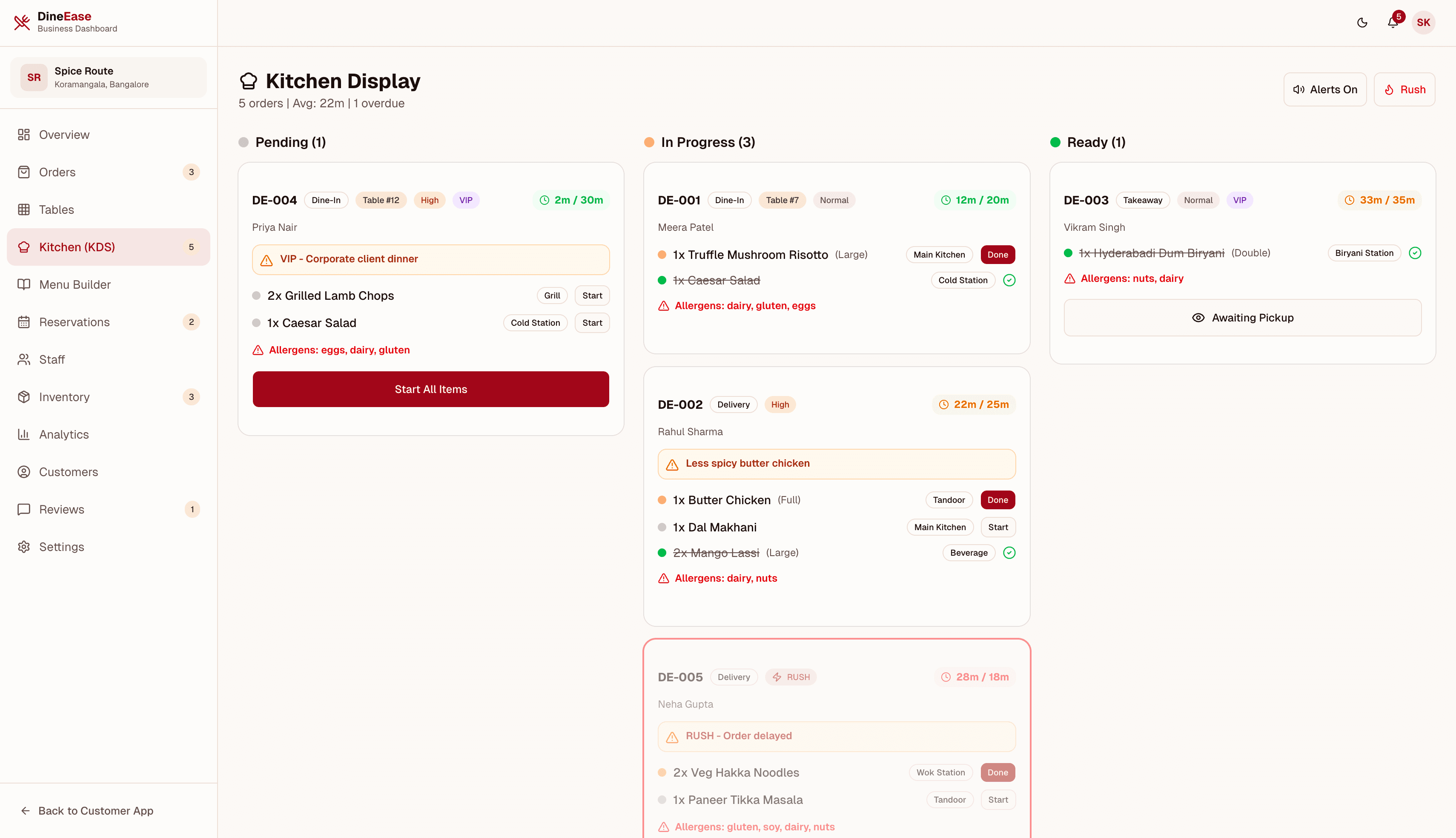 DineEase Kitchen Display System — real-time order tickets with priority, timing, and station routing