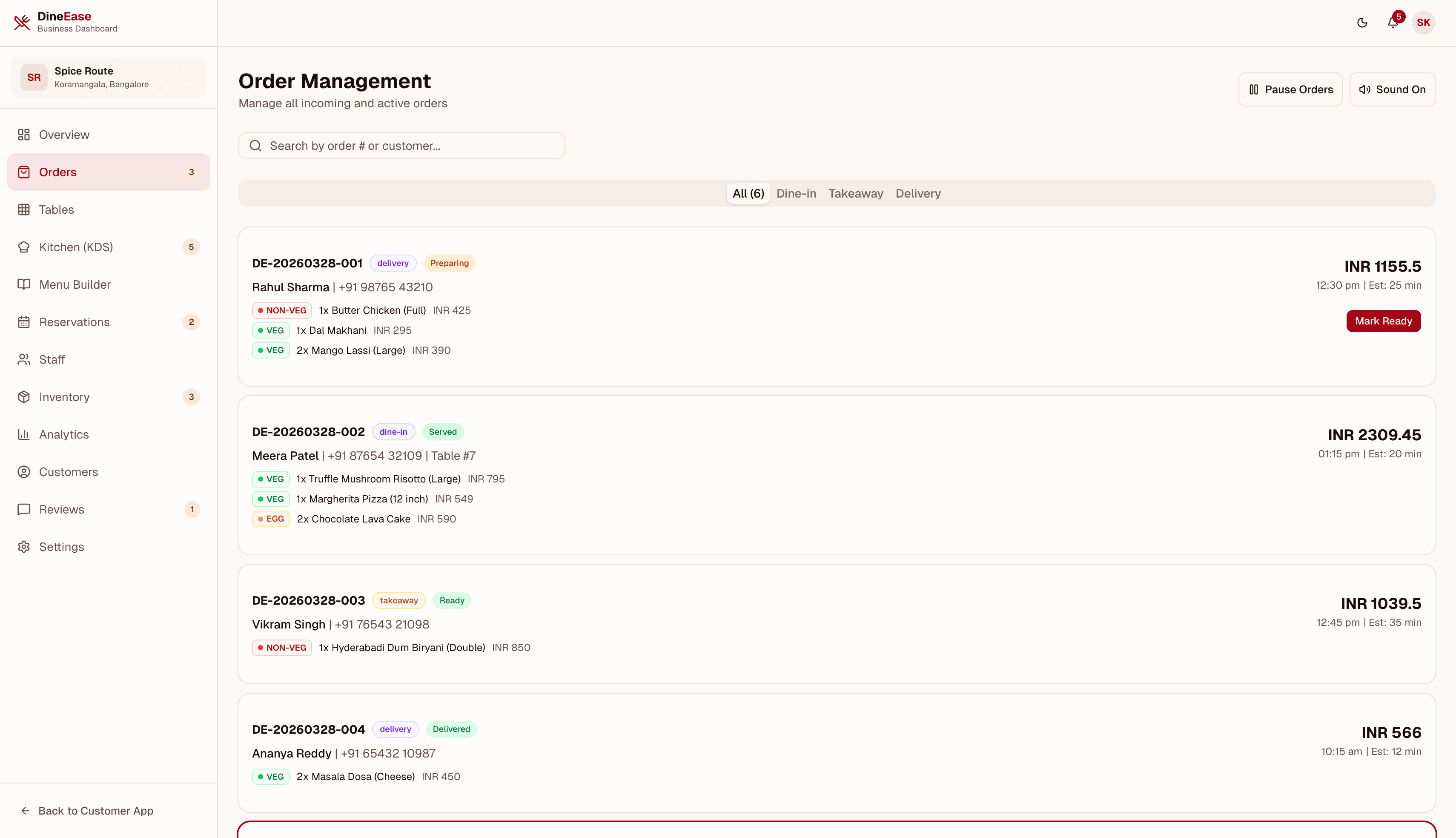 DineEase admin orders — live order management with status filters and order detail view