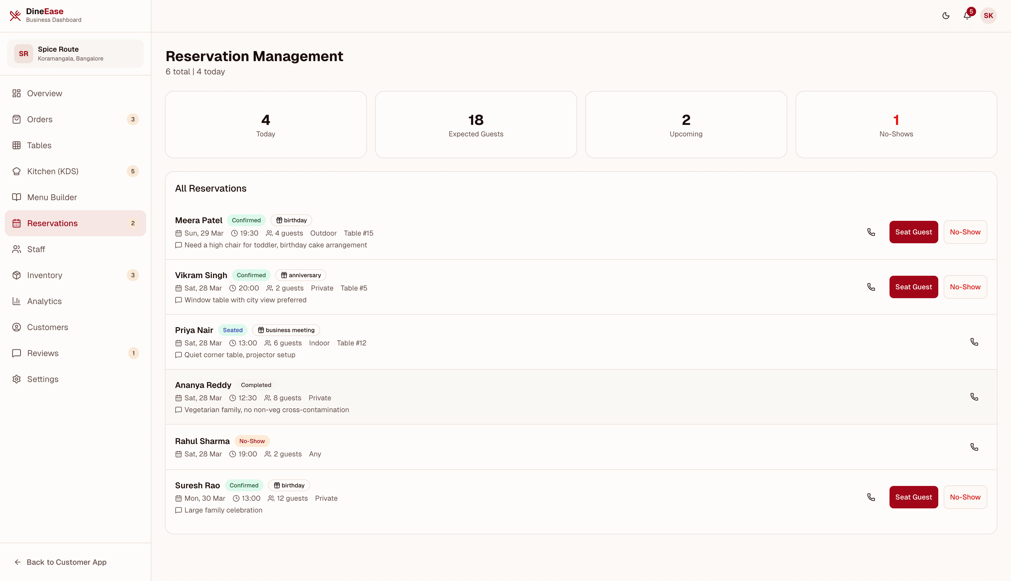 DineEase admin reservations — booking management with calendar view and status tracking