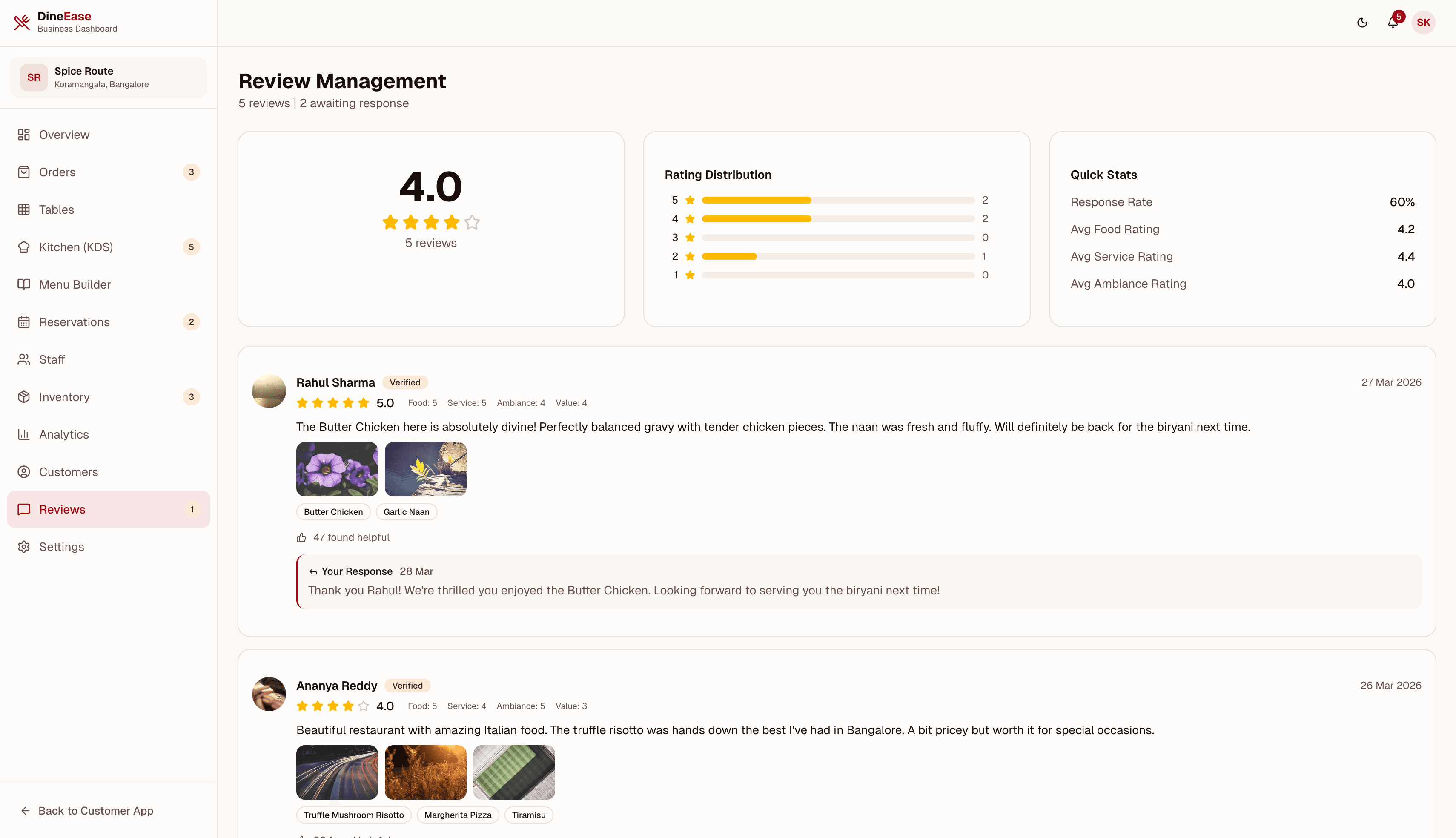 DineEase review moderation — customer reviews with ratings, responses, and sentiment overview